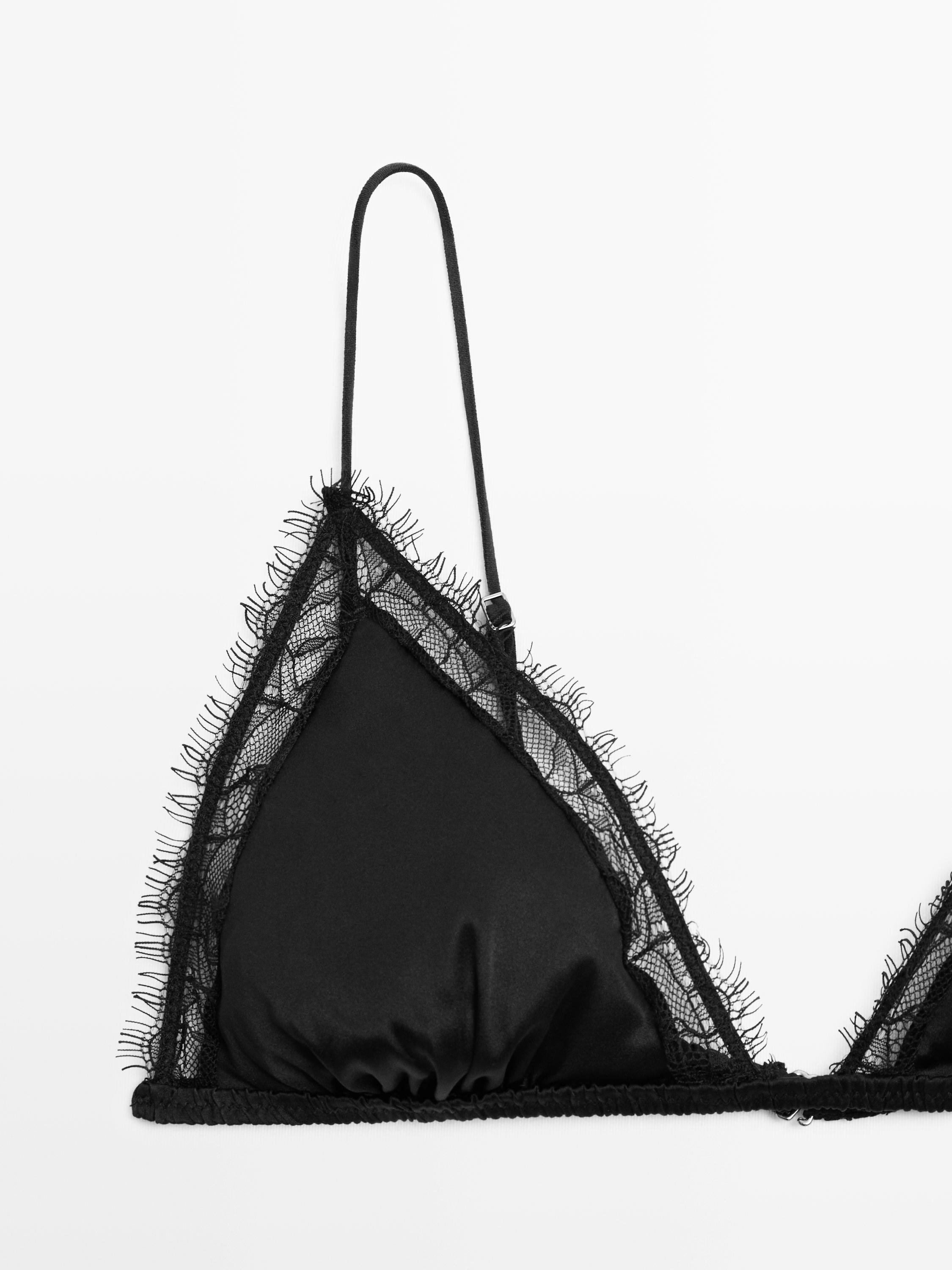 Silk and lace triangle bralette — BLACK