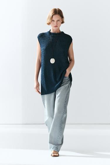 Cotton blend roll neck top — Dark Blue 1