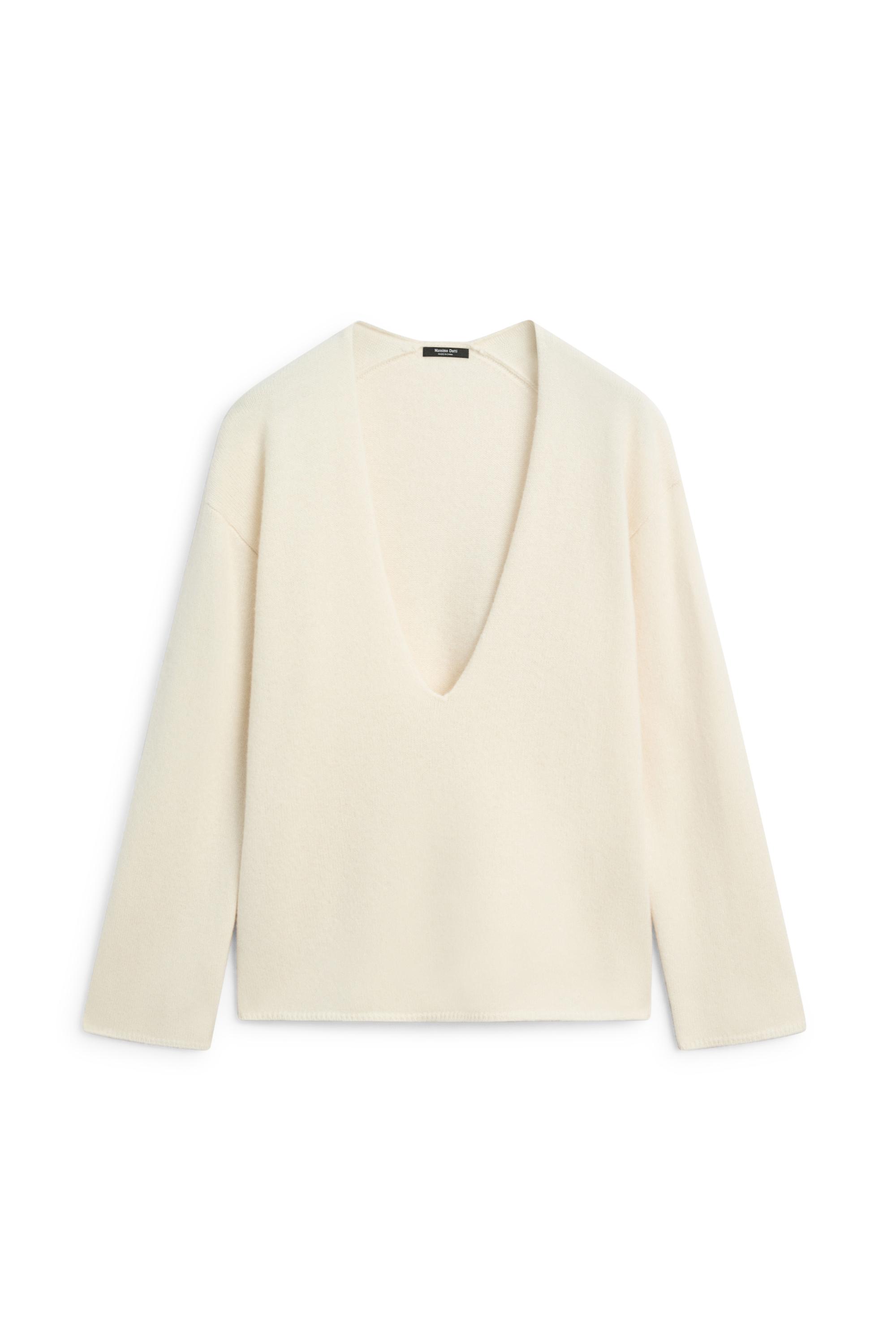 Long-line knit sweater with neckline detail — OCHRE MARL