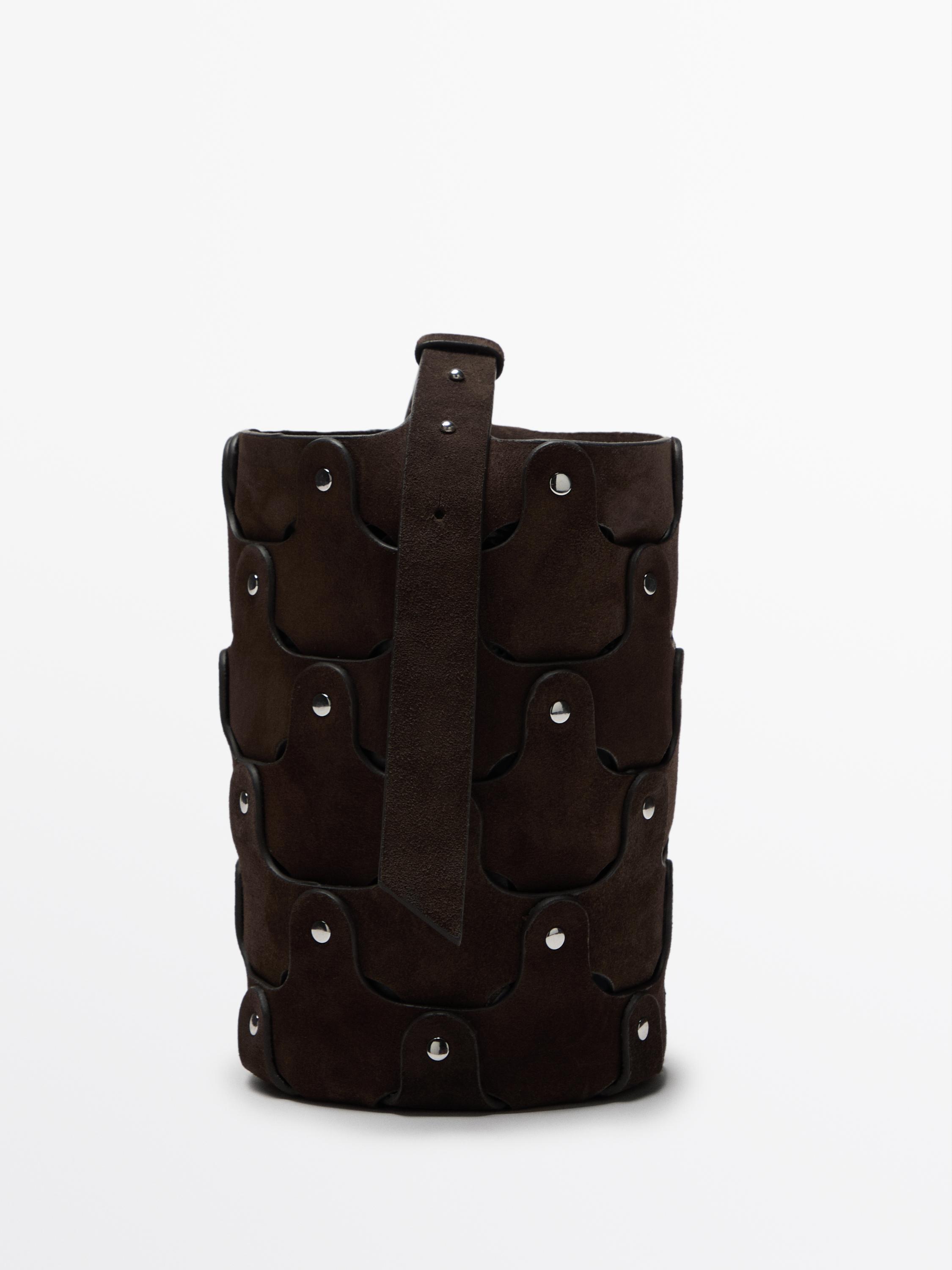 Studded split suede bucket bag