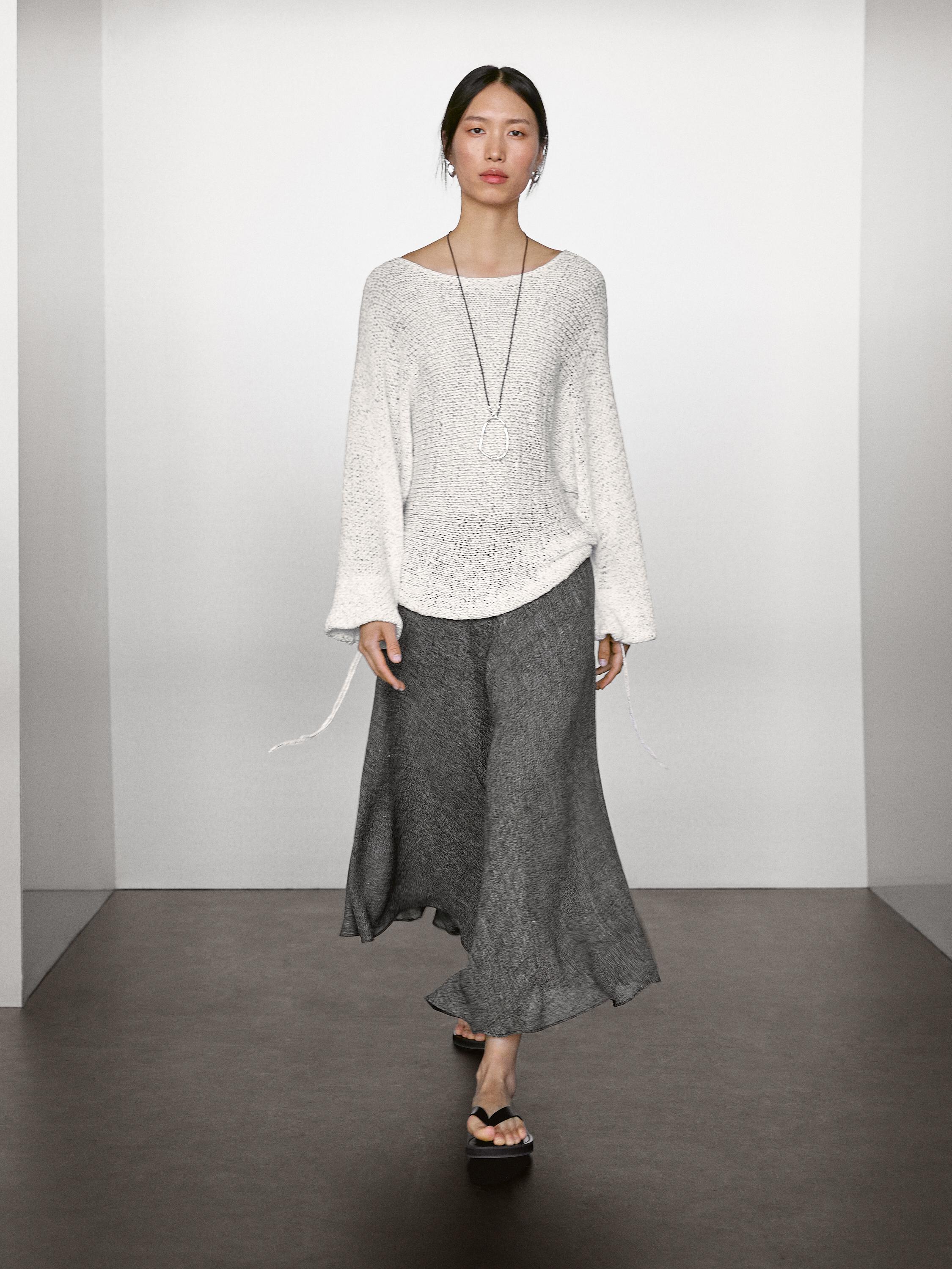 Linen blend midi skirt with flounce