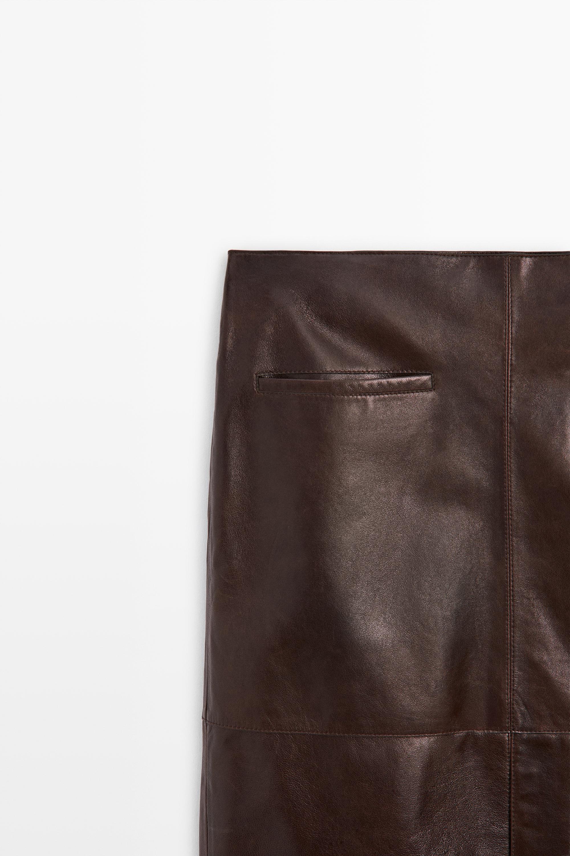 Leather midi skirt with pockets — Chocolate