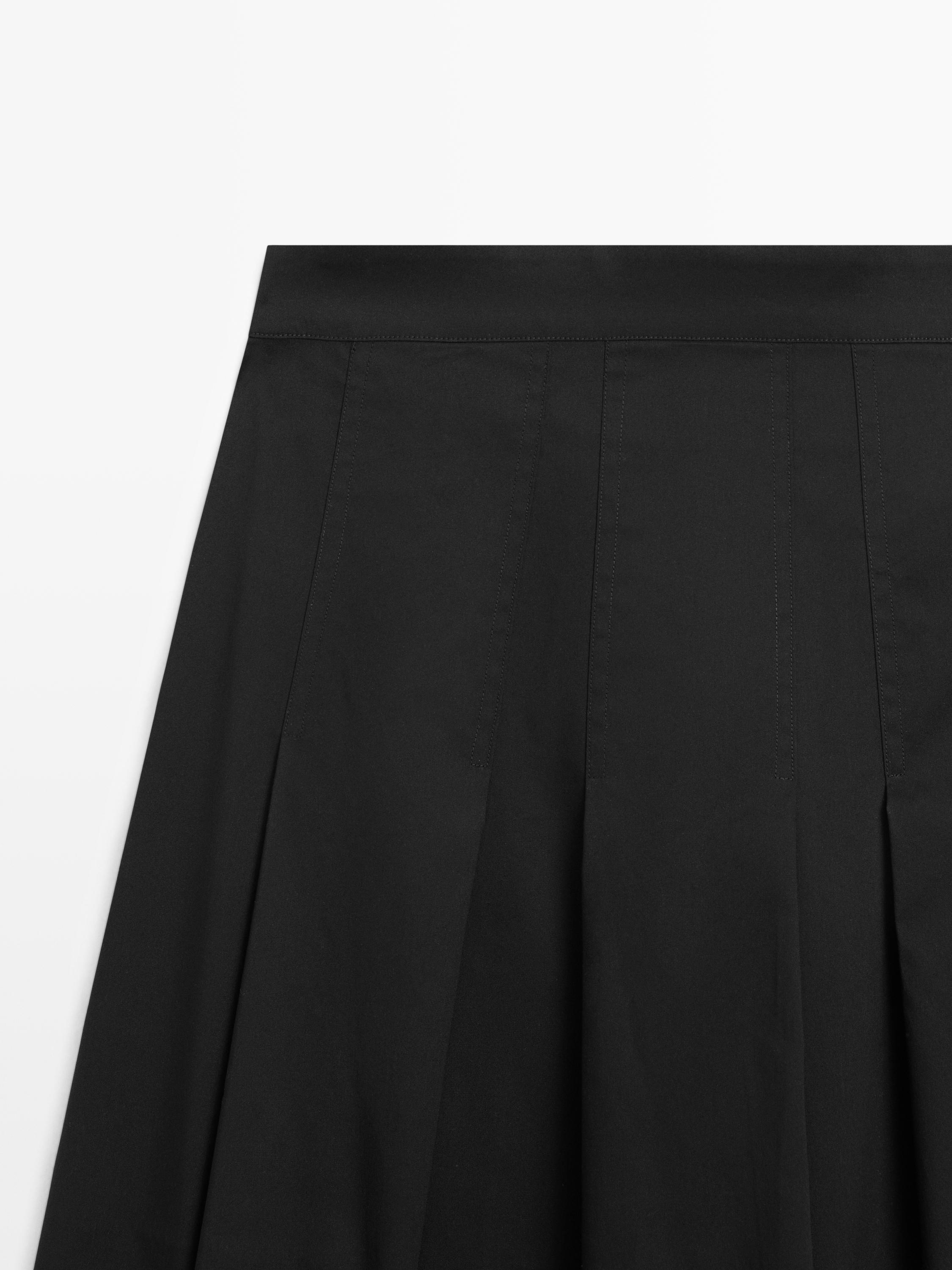 Cotton blend box pleat midi skirt — BLACK
