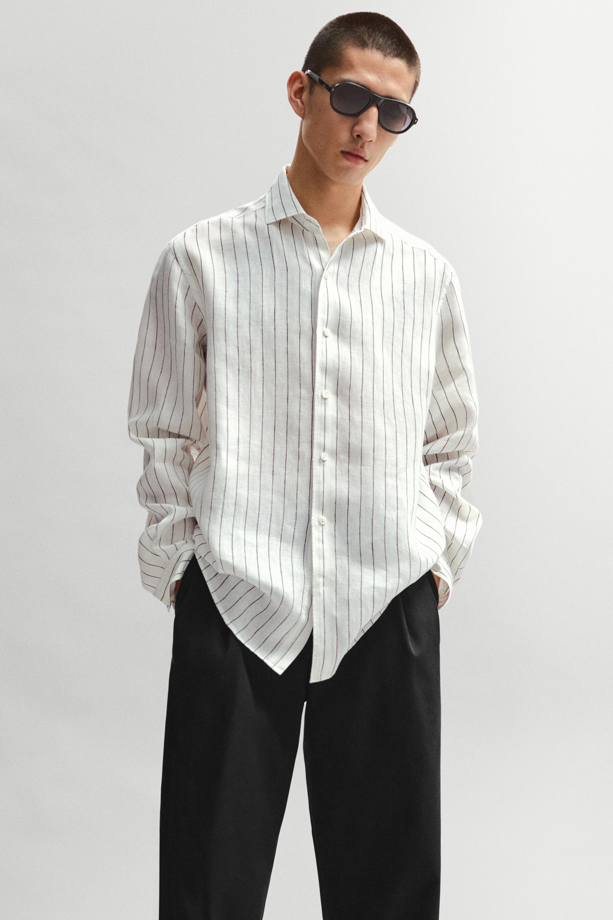 100% linen slim fit striped shirt — Off white