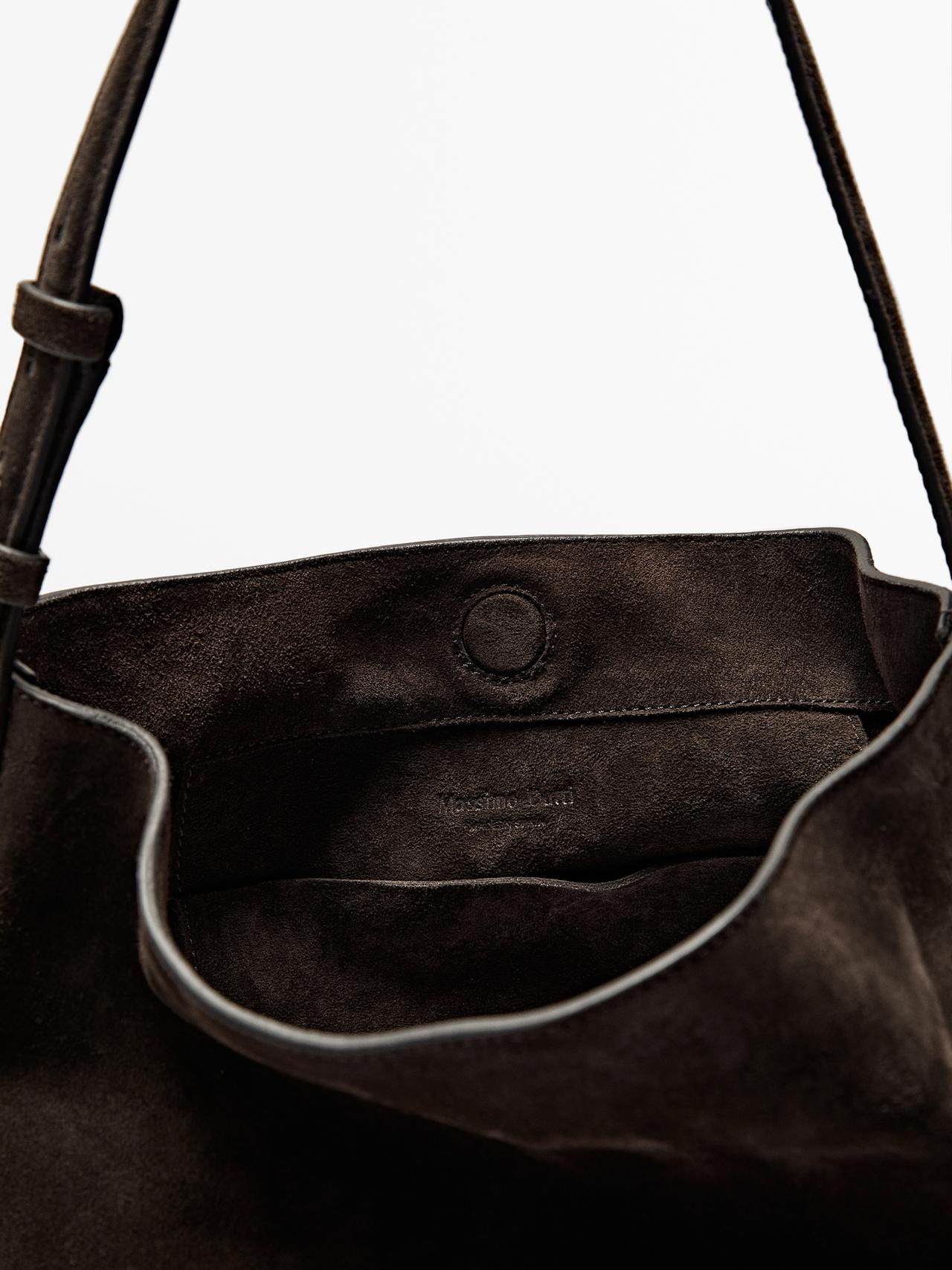 Split suede leather bucket bag — BROWN