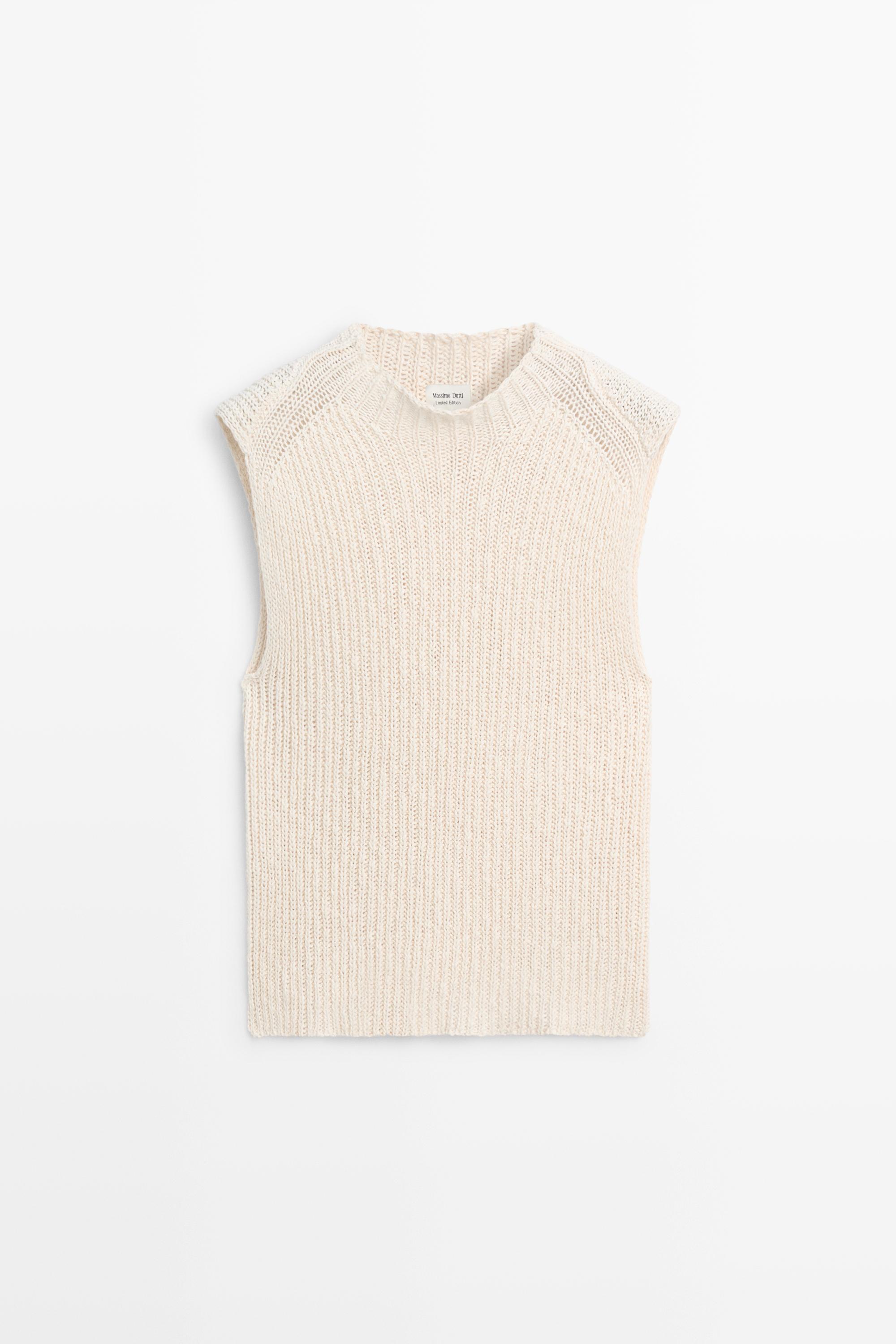 Linen blend openwork mock turtleneck top - LIMITED EDITION — CREAM