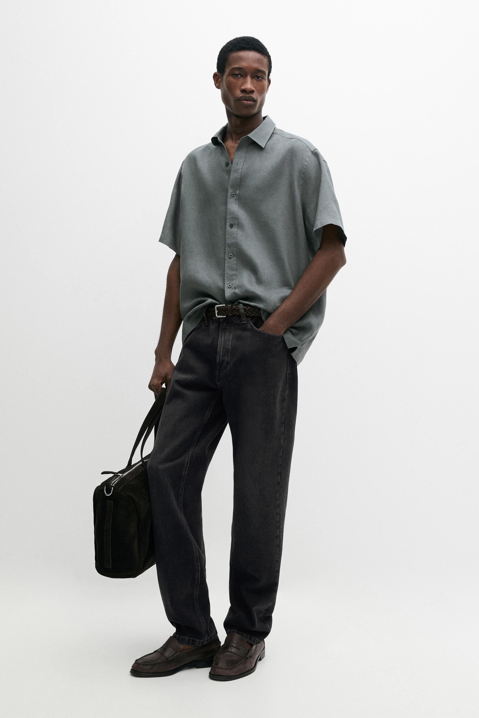 Camisa Regular Fit Manga Corta 100% Lino - Gris - M - Massimo Dutti - Hombre