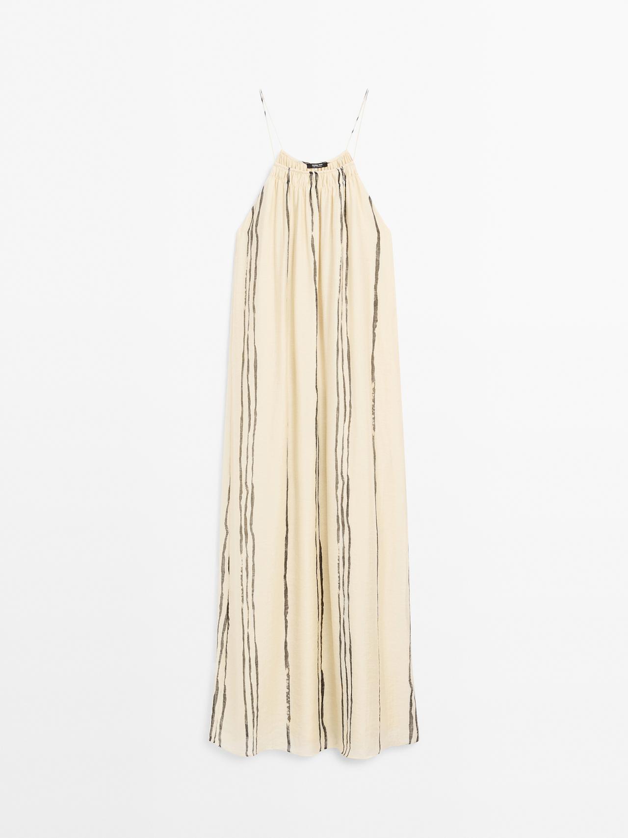 Massimo Dutti - Dame - Midikjole Med Blødt Fald Og Striber - Råhvid - L