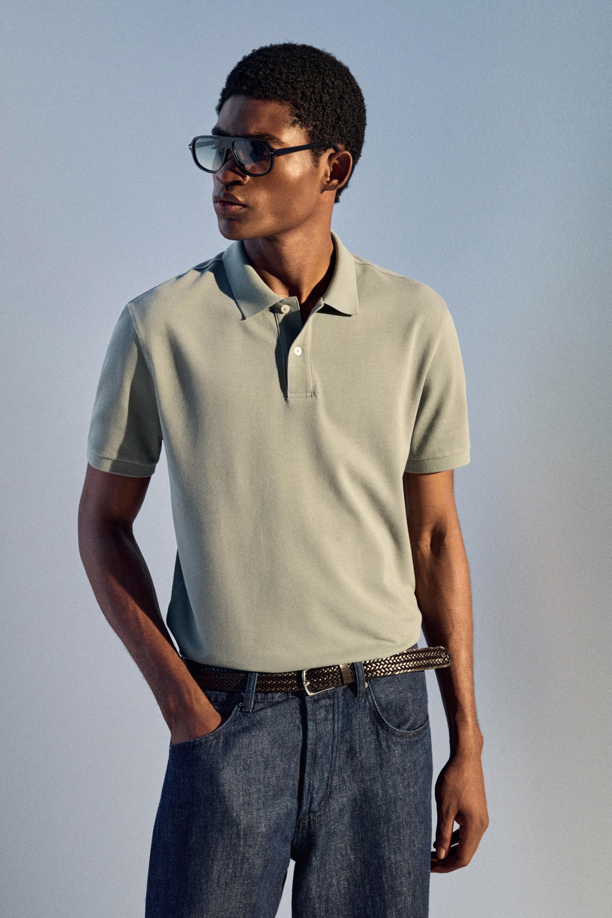 Micro-textured cotton piqué polo shirt — Sea green