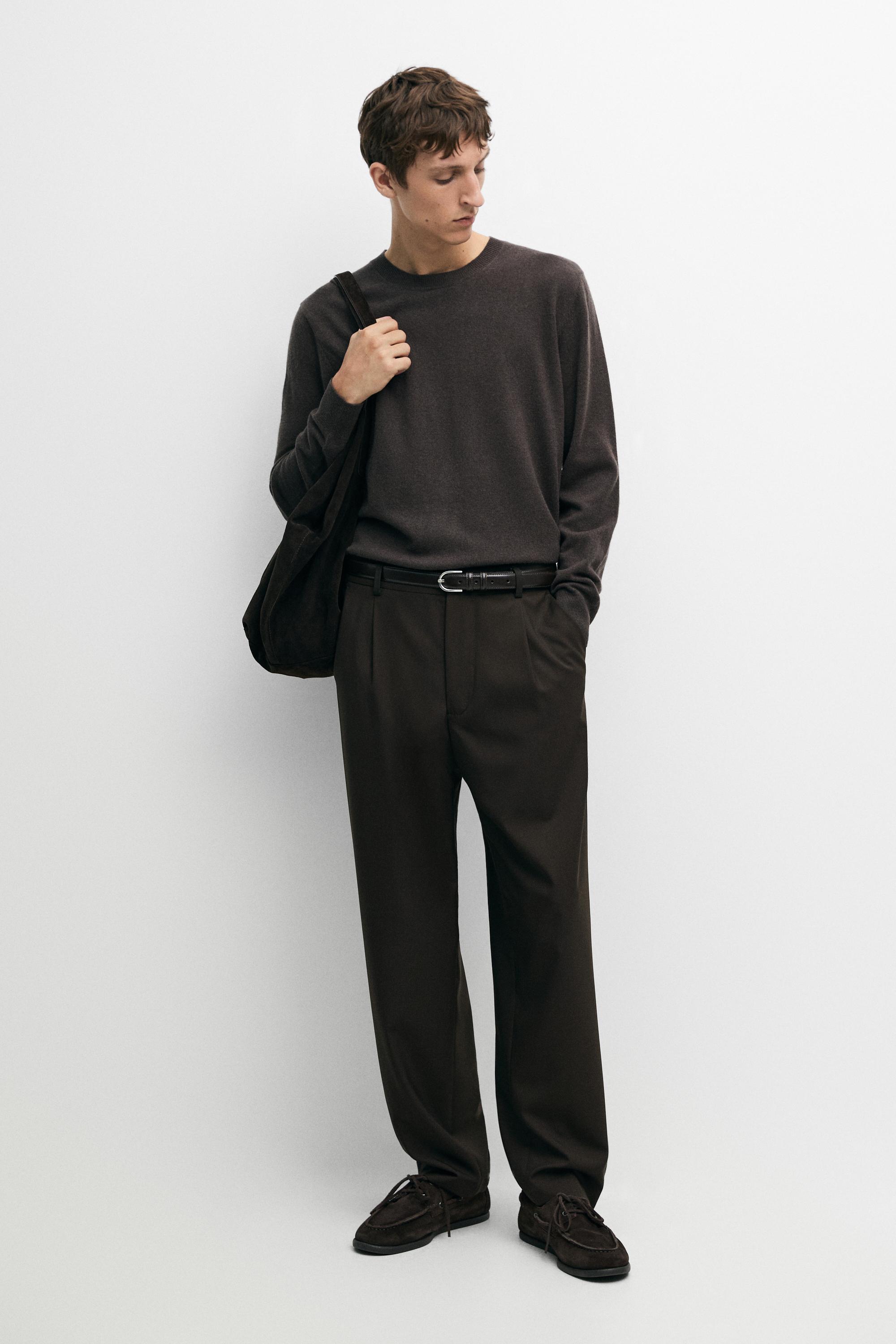 Wool blend round neck knit sweater — BROWN