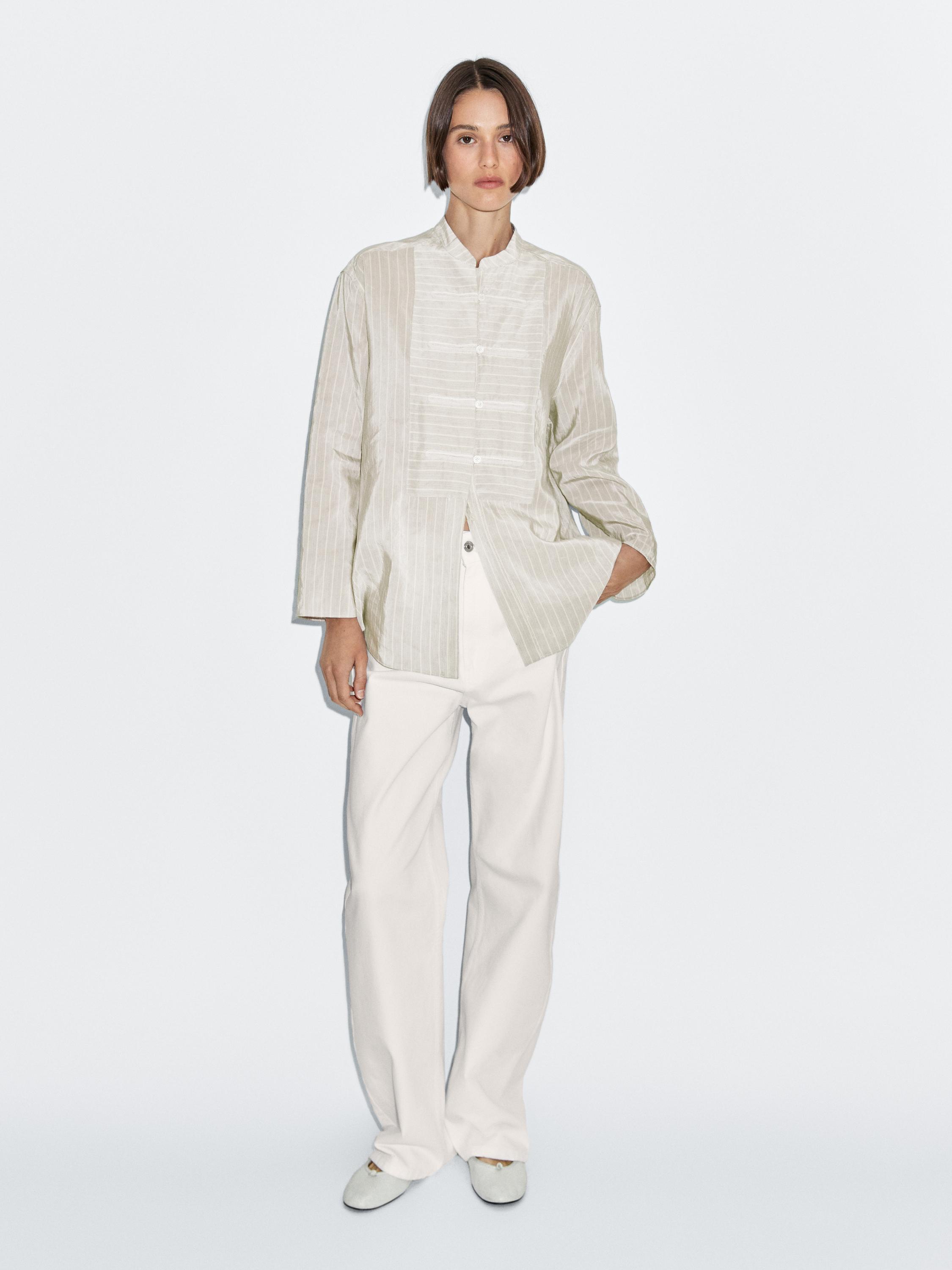 Striped oversize blouse with stand collar