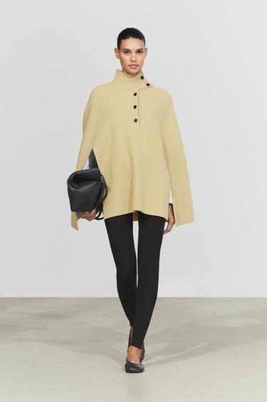 100% wool knit cape with button detail — OLIVE 1