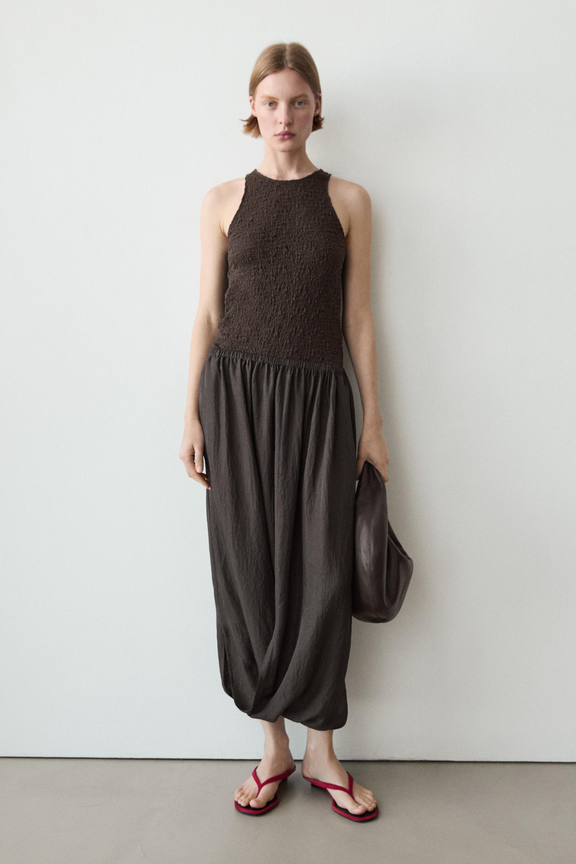 Midi skirt with gathered waistband — BROWN