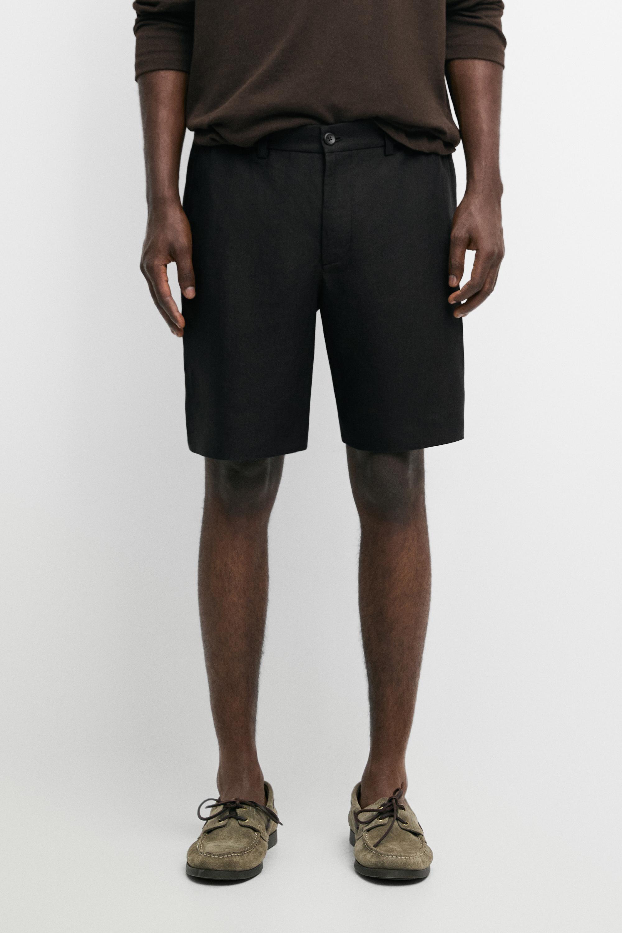 100% linen short Bermuda shorts — BLACK