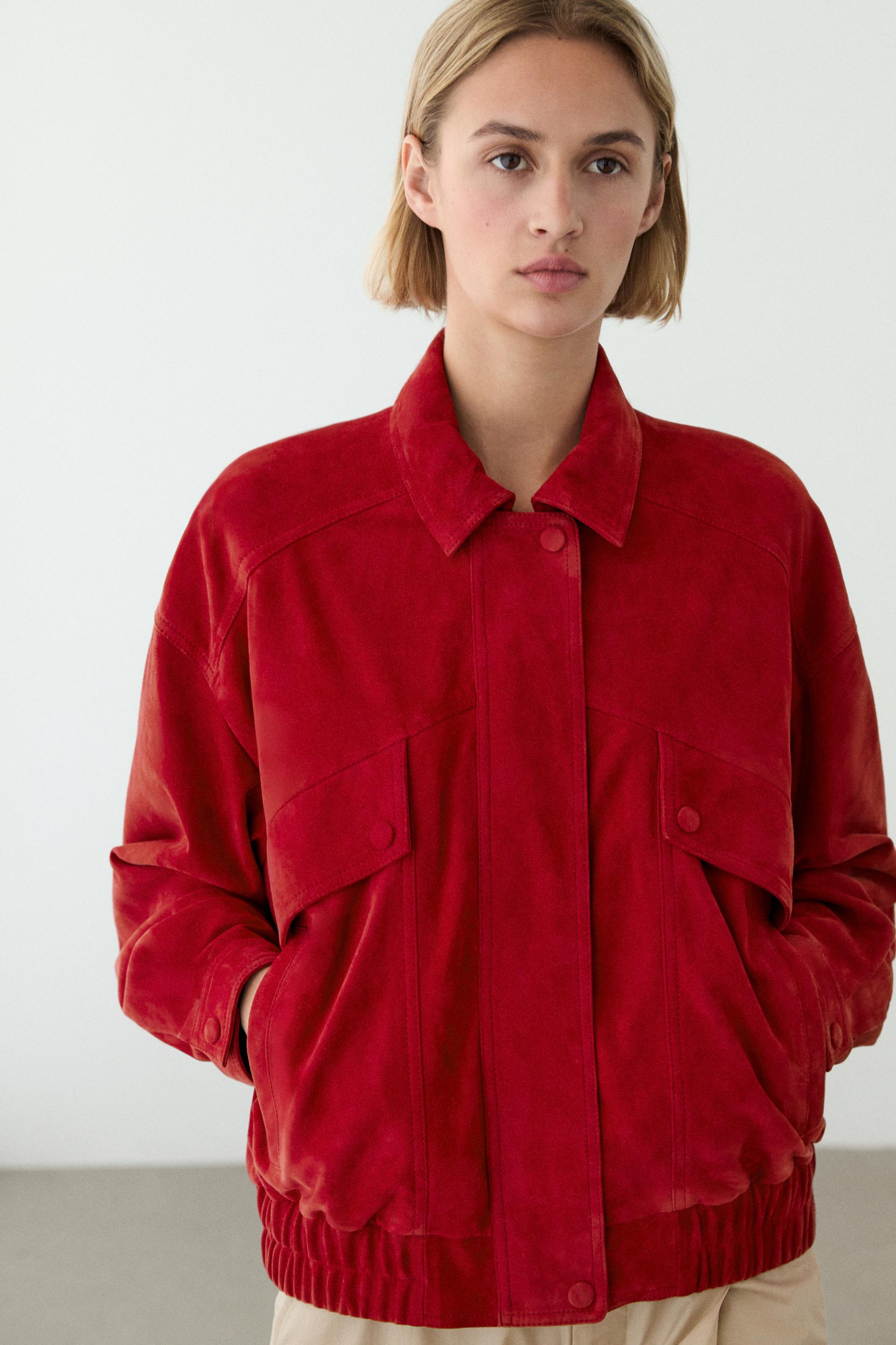 Suede leather bomber jacket with pocket details — RED