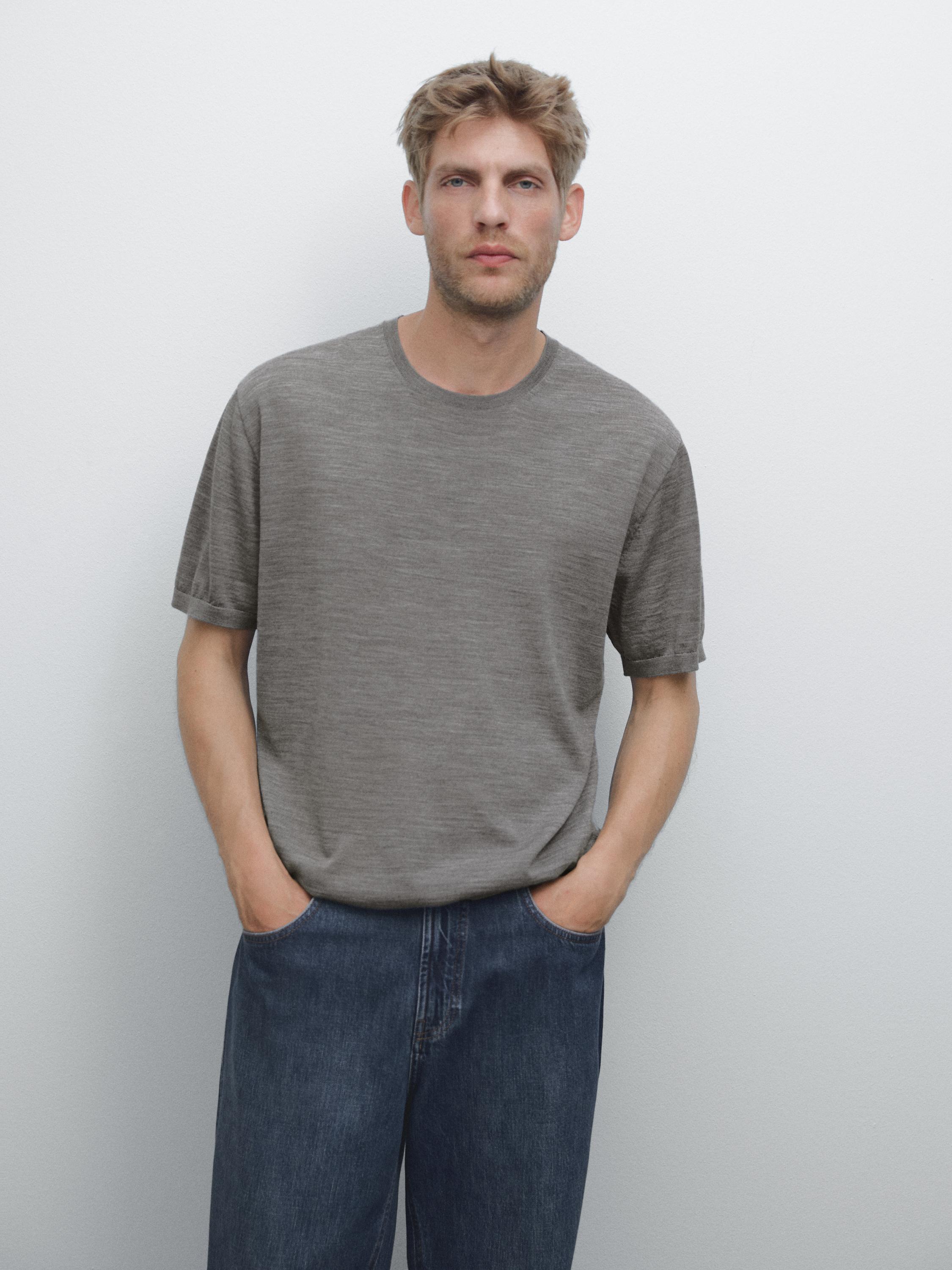 Short-sleeved wool-blend knit T-shirt