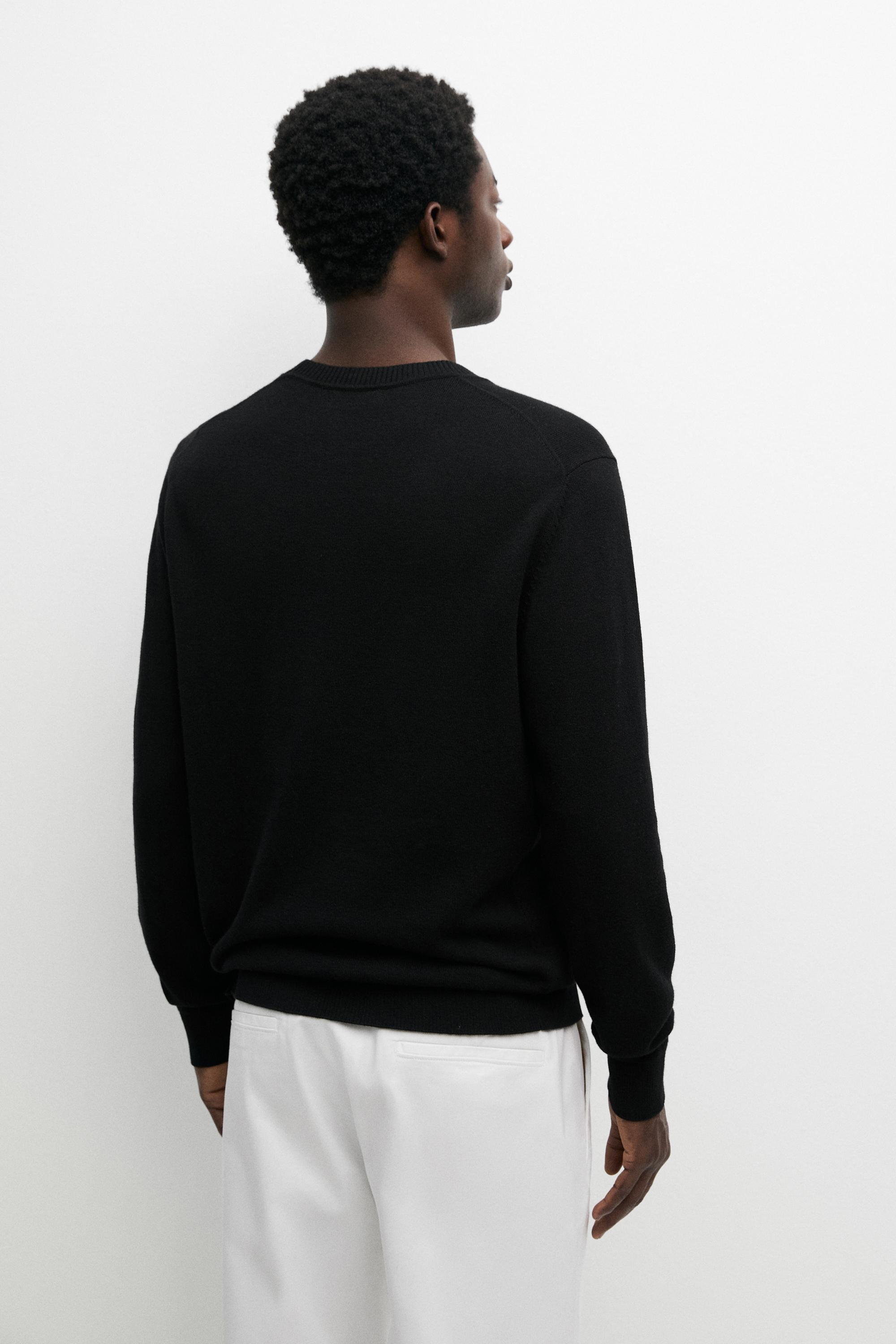 Knit cotton and wool sweater with crew neck — BLACK