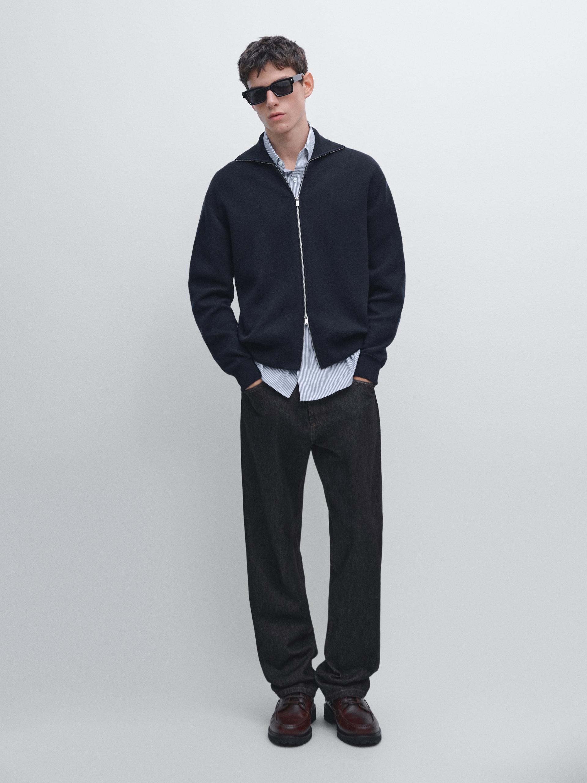 Cárdigan Cremallera Con Algodón Lana - Azul Marino - L - Massimo Dutti - Hombre