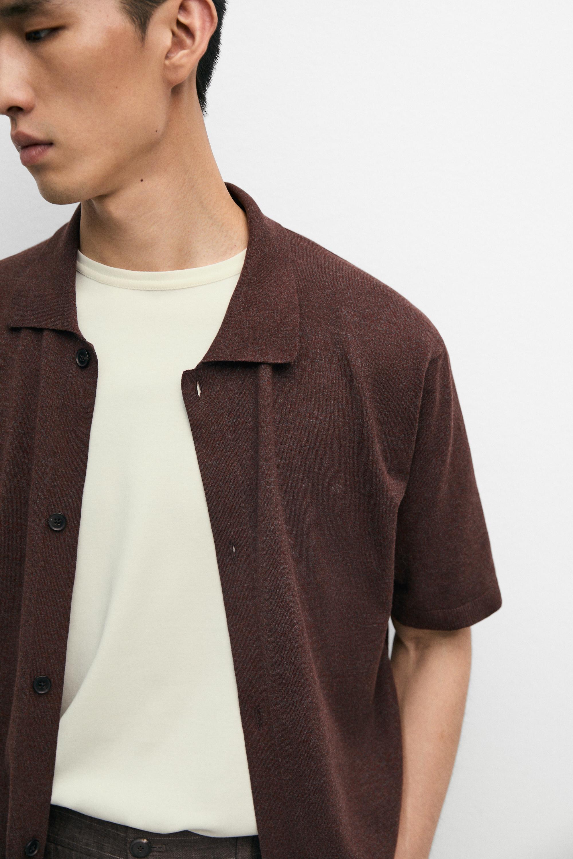 Short sleeve button-up knit cardigan — MAHOGANY
