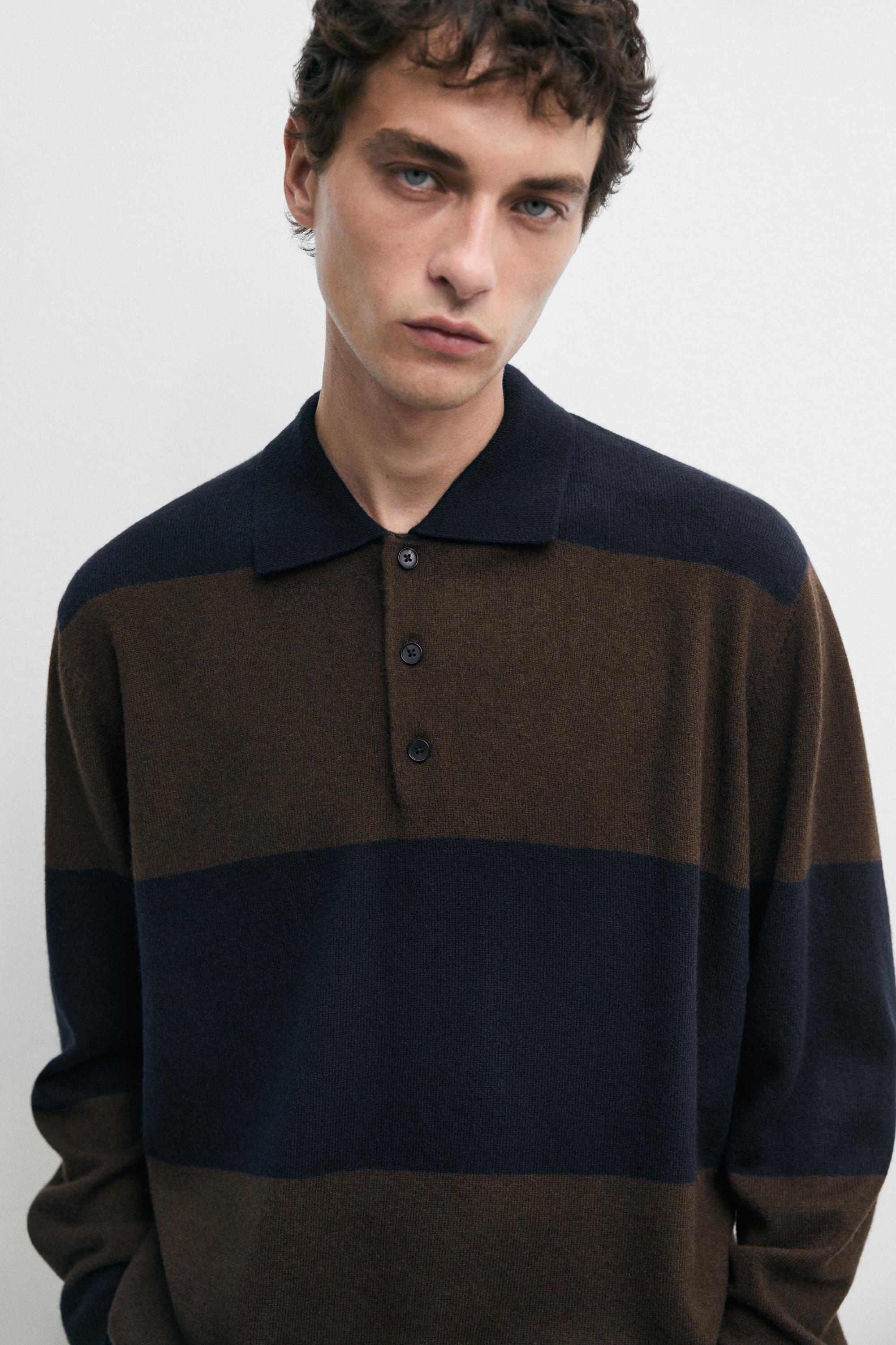 Wool-blend striped polo sweater — DEEP BLUE