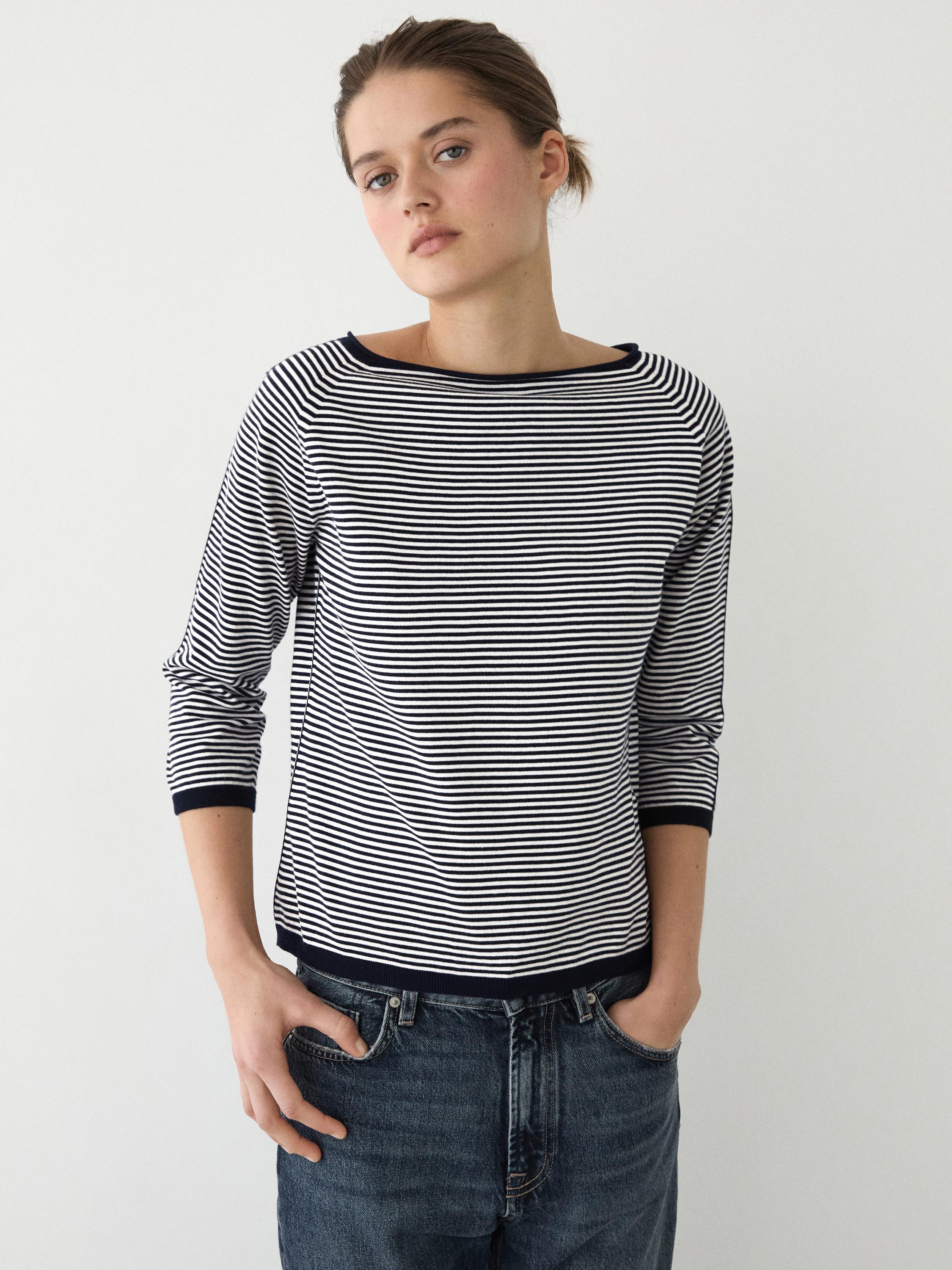 100% cotton striped knit sweater — NAVY BLUE