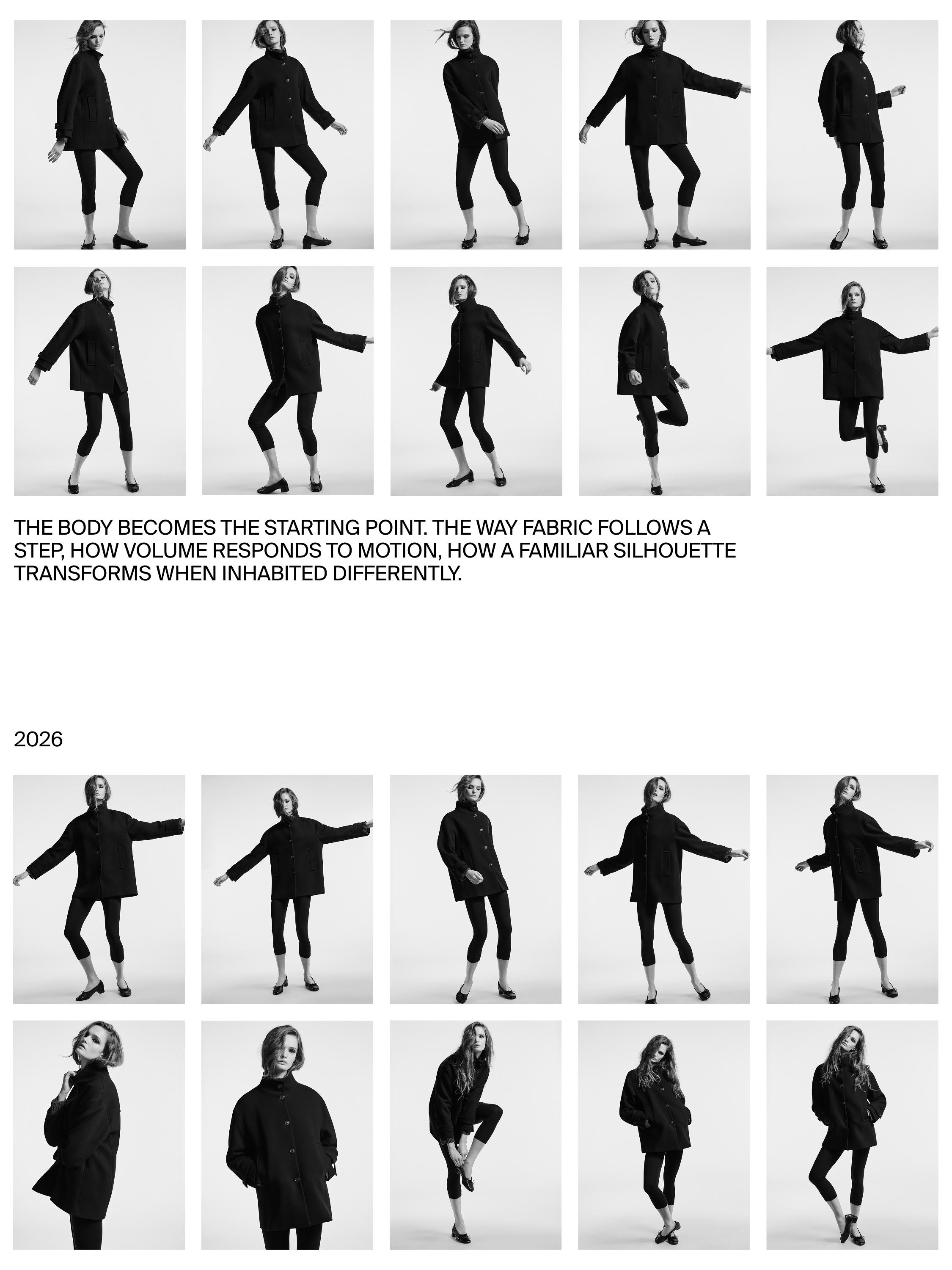 Juodas paltų komplektas su sagomis ir aptemptomis tamprėmis.