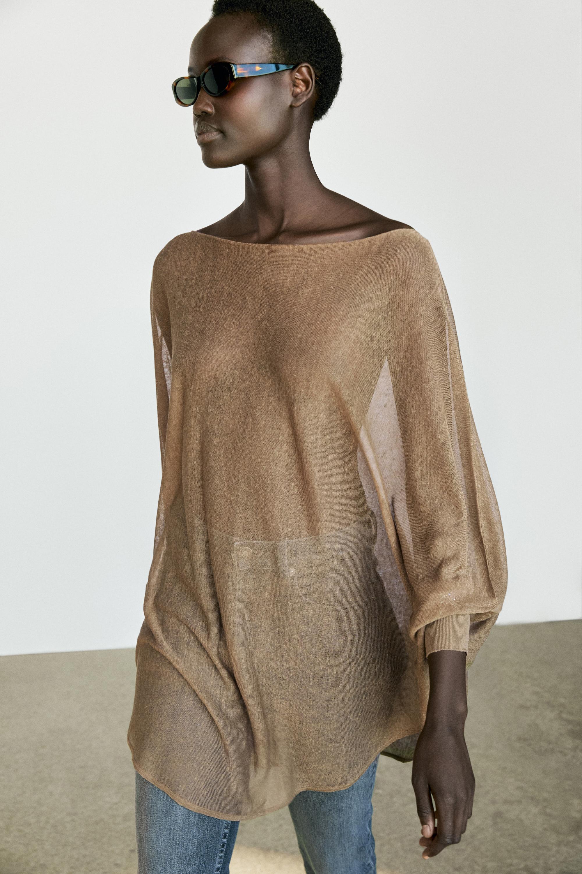 Linen blend flowing cape-style sweater — MOSS GREEN