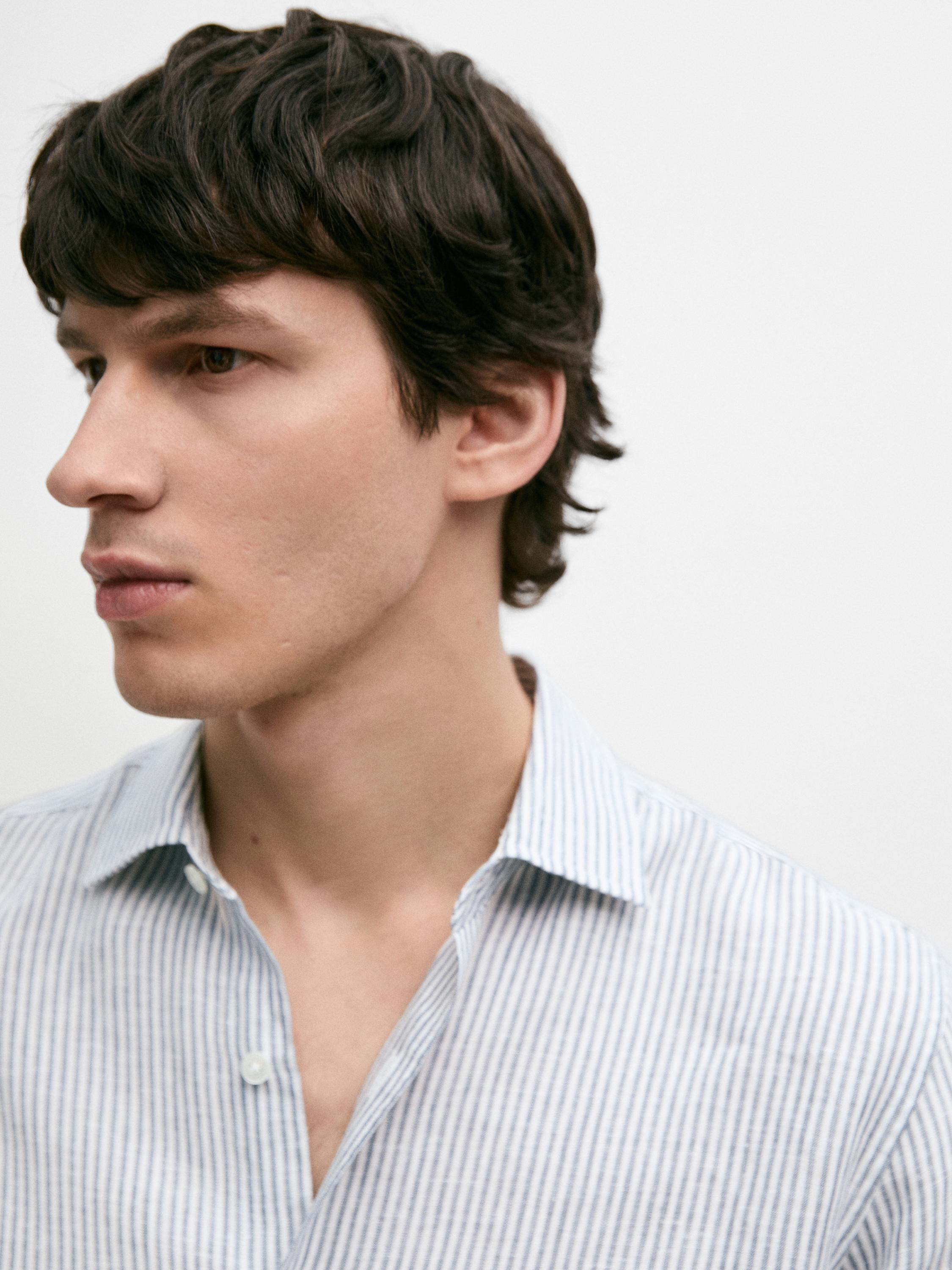 Striped slim fit linen shirt — BLUE
