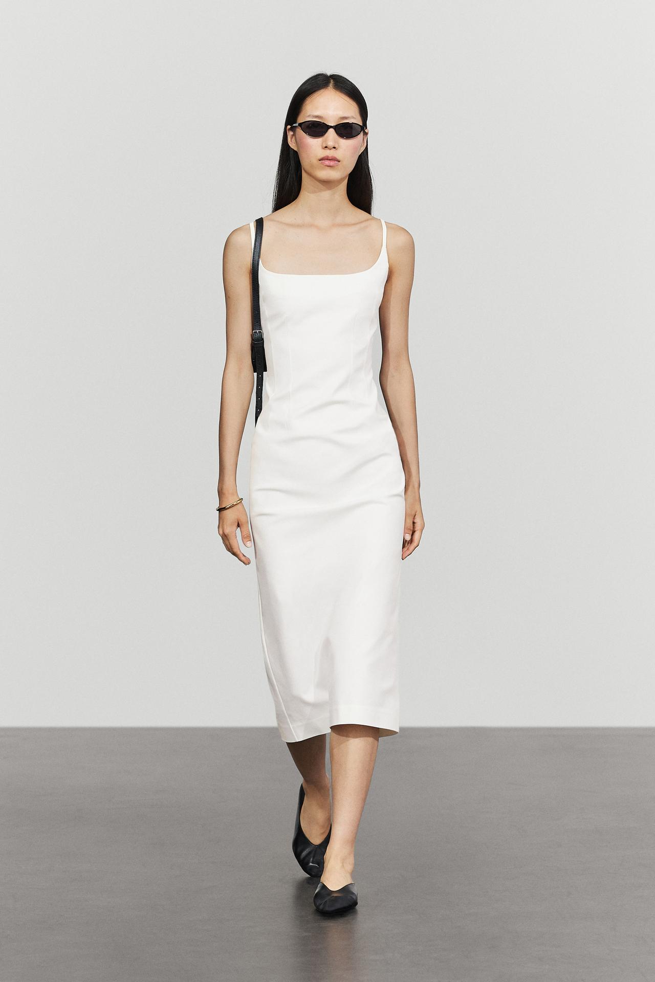 Cotton blend stretch midi dress — WHITE