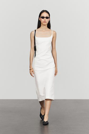 Cotton blend stretch midi dress — WHITE 1