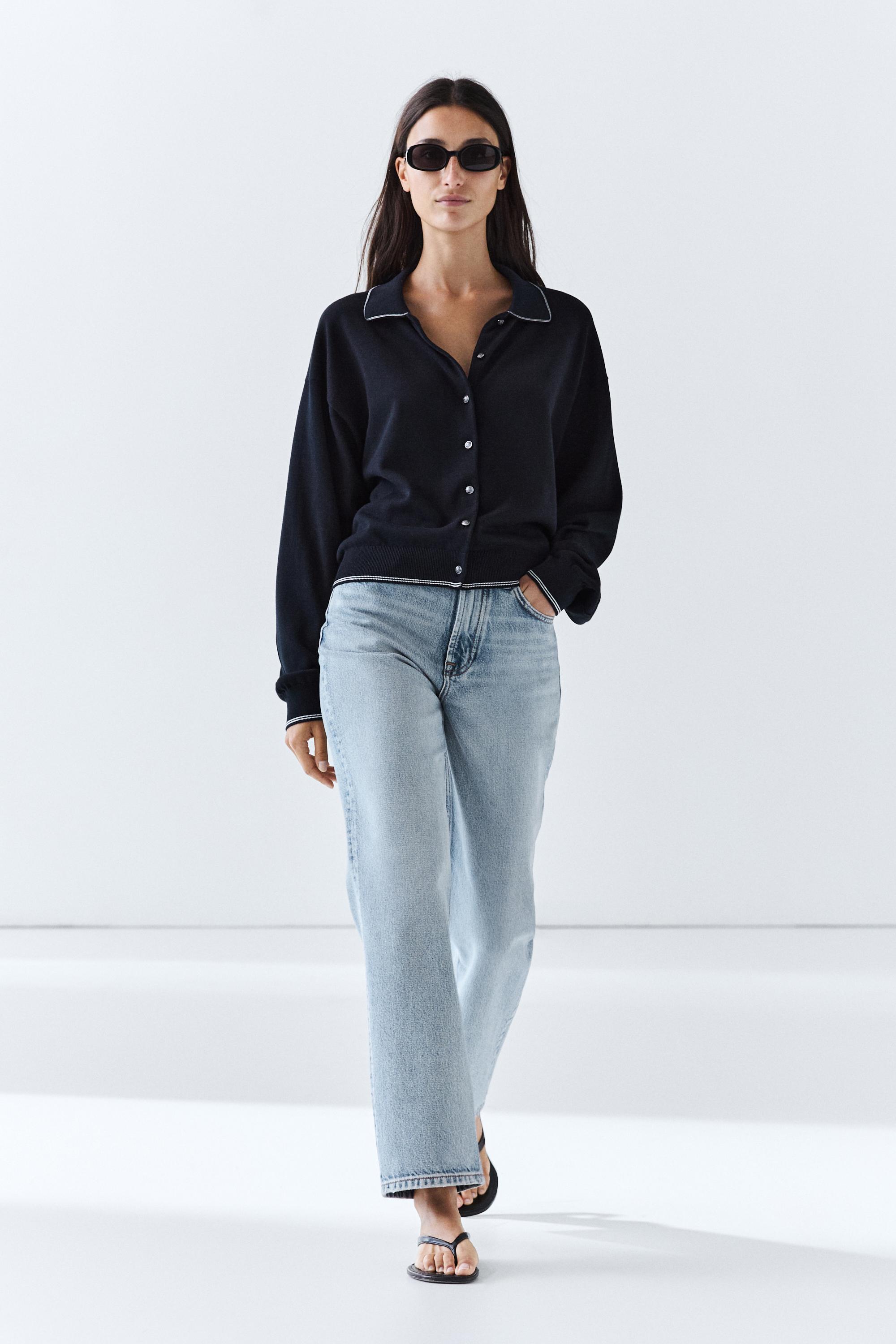 100% cotton contrast polo collar cardigan — NAVY BLUE