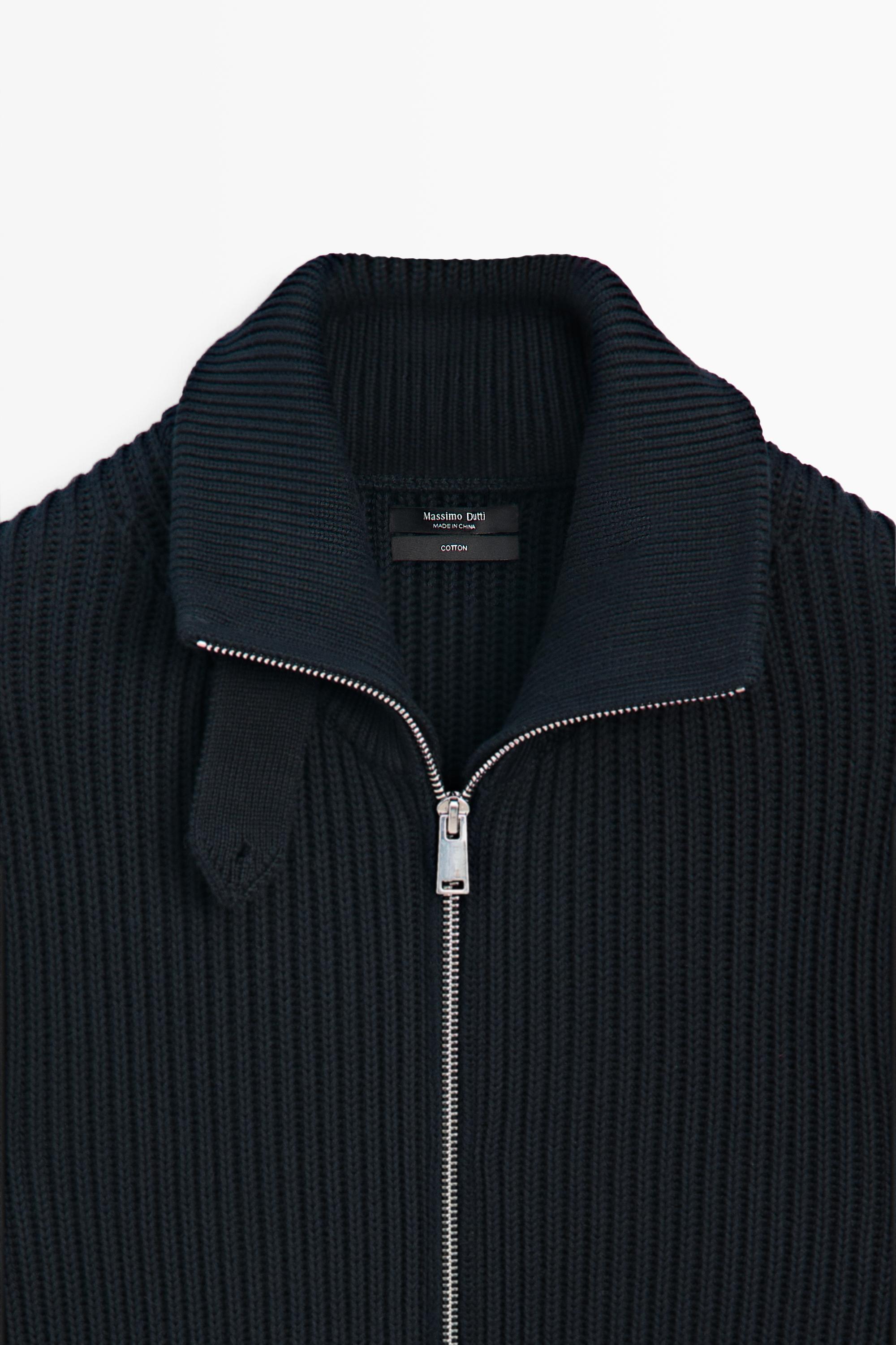 100% cotton knit cardigan with high neck detail — NAVY BLUE