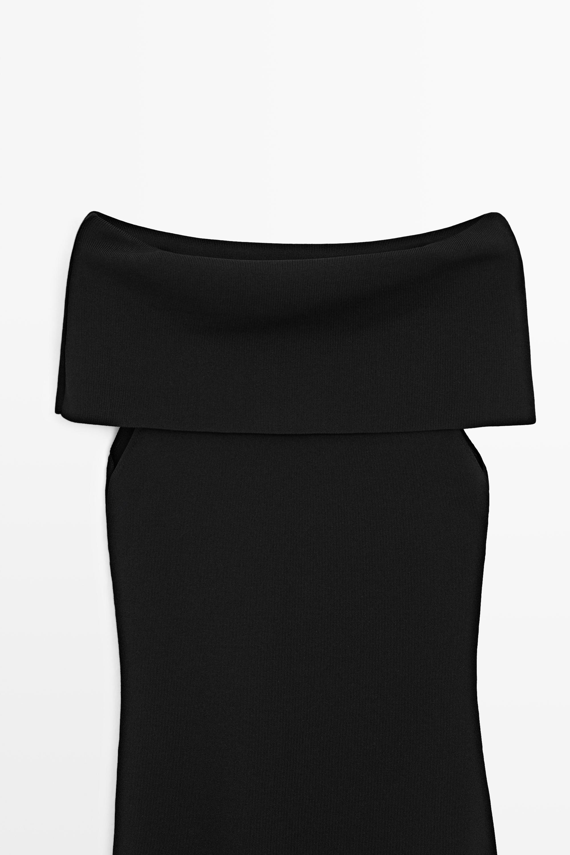 Knit midi dress with exposed shoulders — BLACK