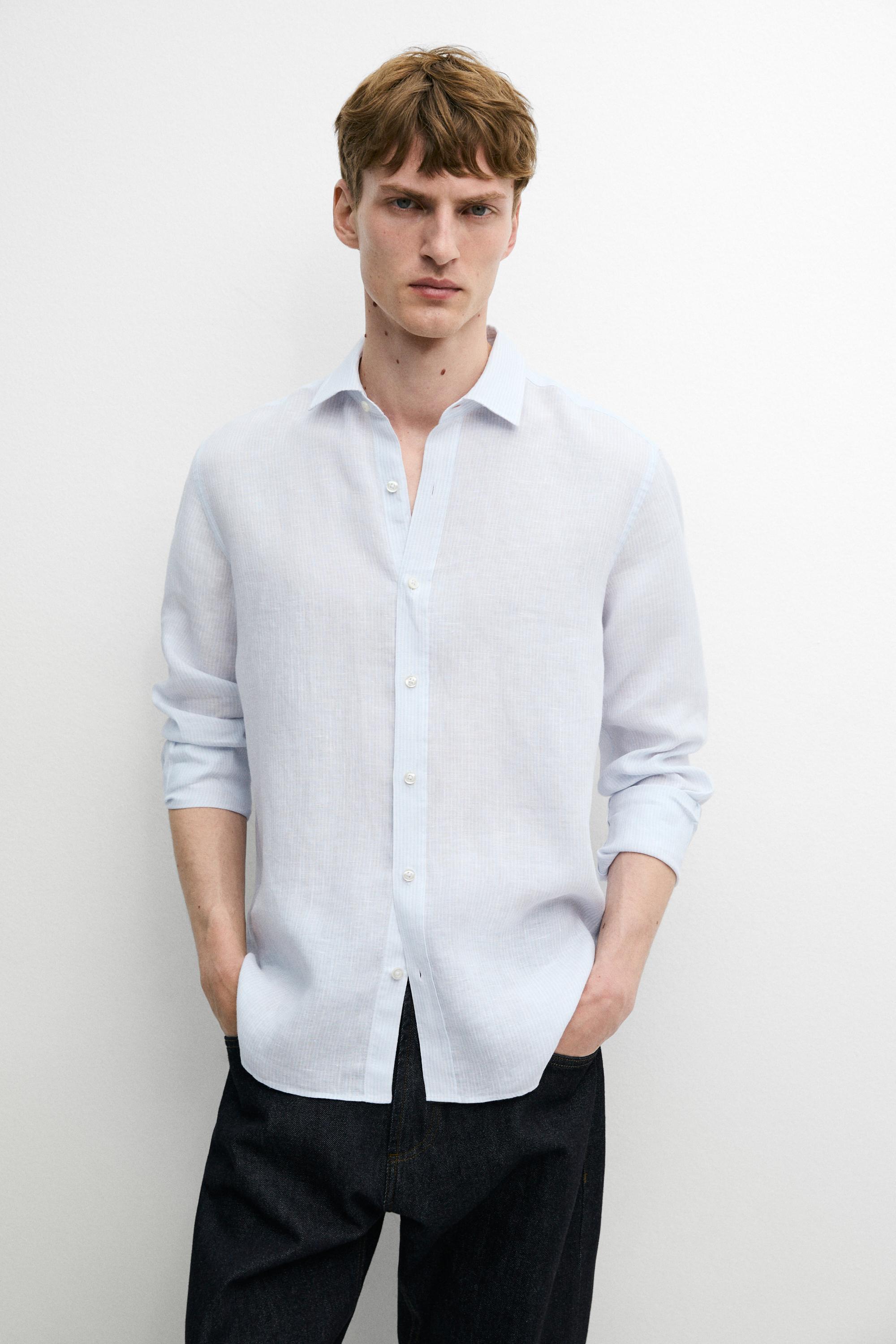 Striped slim fit linen shirt — Sky blue