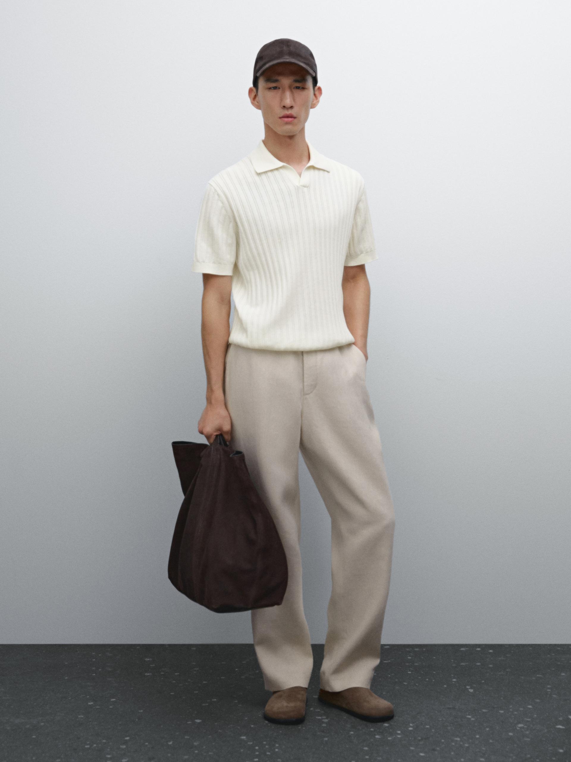 Pull En Maille Côtelée À Col Polo - Cru - M - Massimo Dutti - Homme