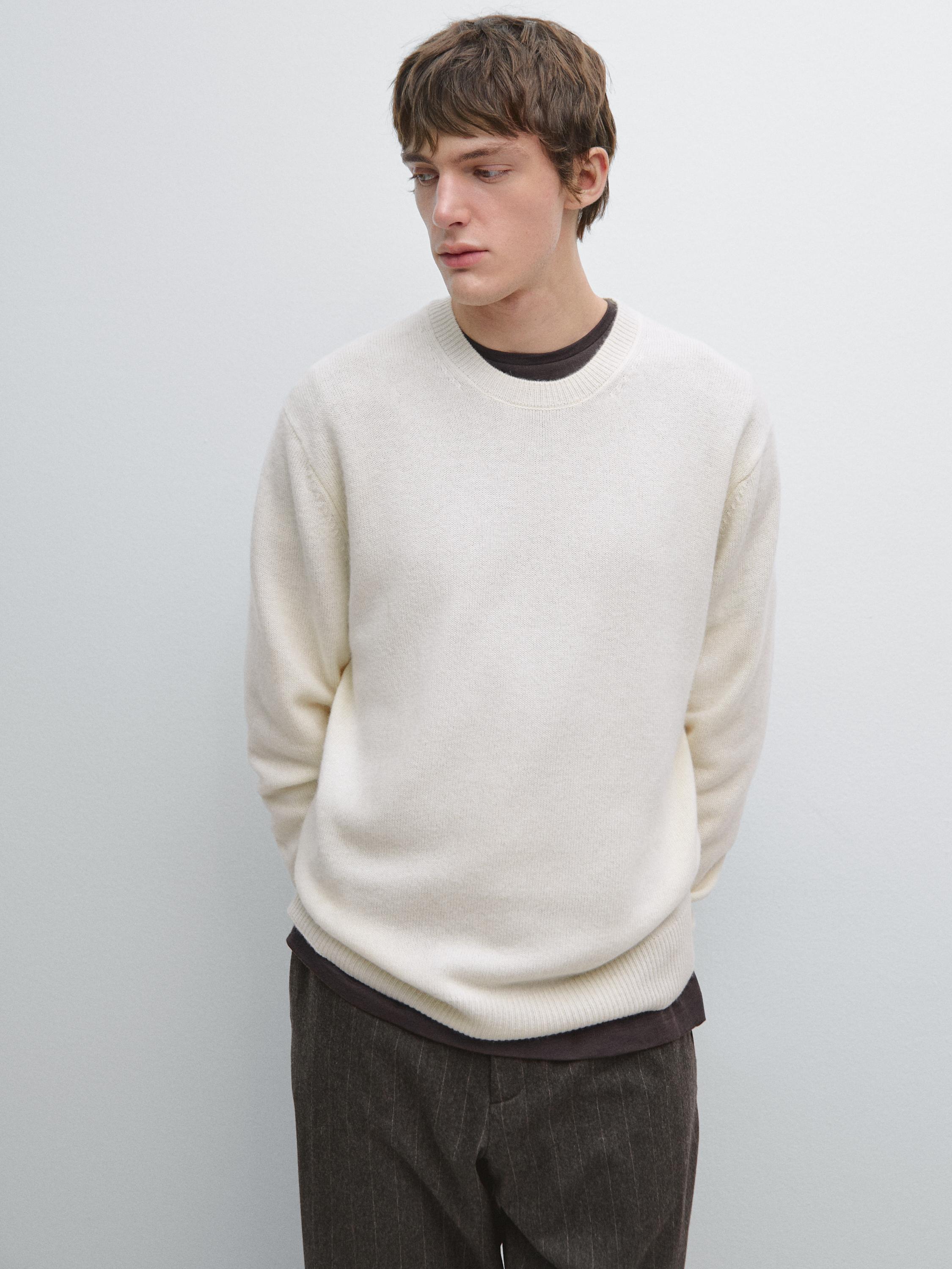 Wool blend crew neck knit sweater CREAM