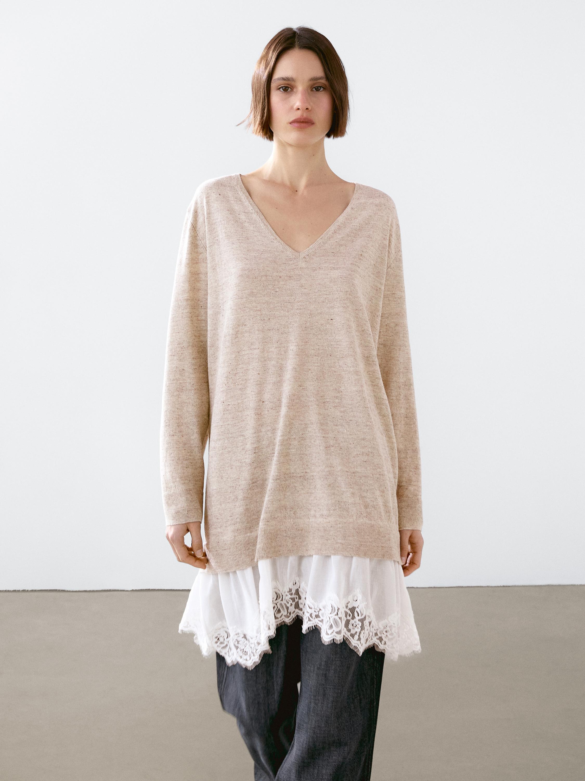 Linen blend dress with lace trim