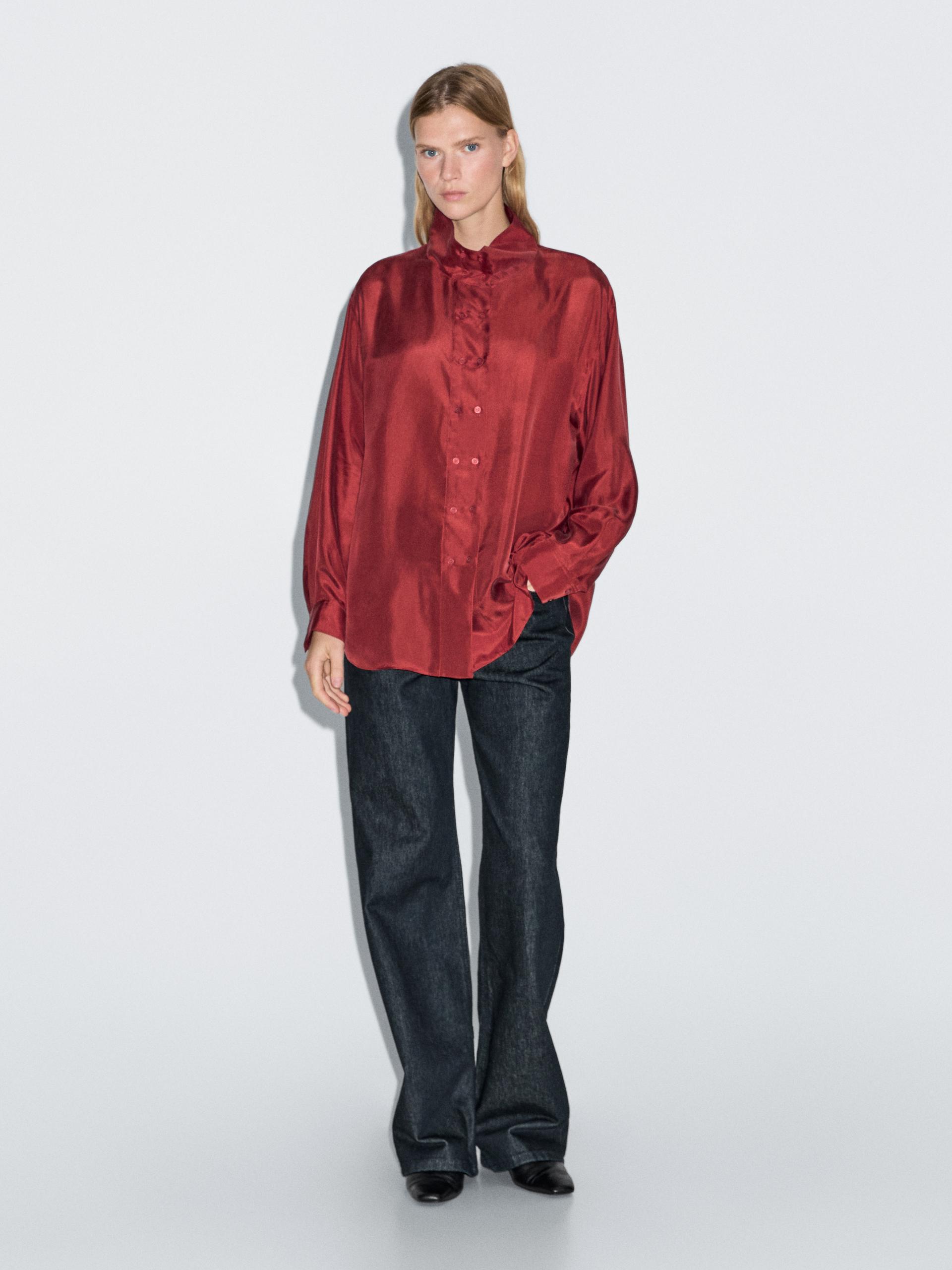 Camisa Com Pormenor De Botões 100% Seda - Vermelho Escuro - S - Massimo Dutti - Mulher