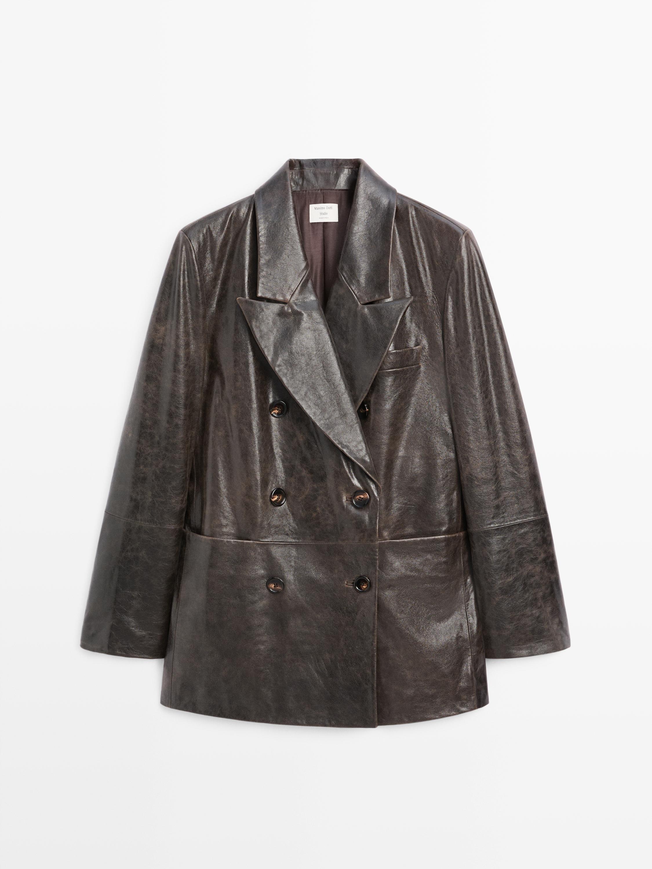 100% nappa leather buttoned blazer - STUDIO — BROWN