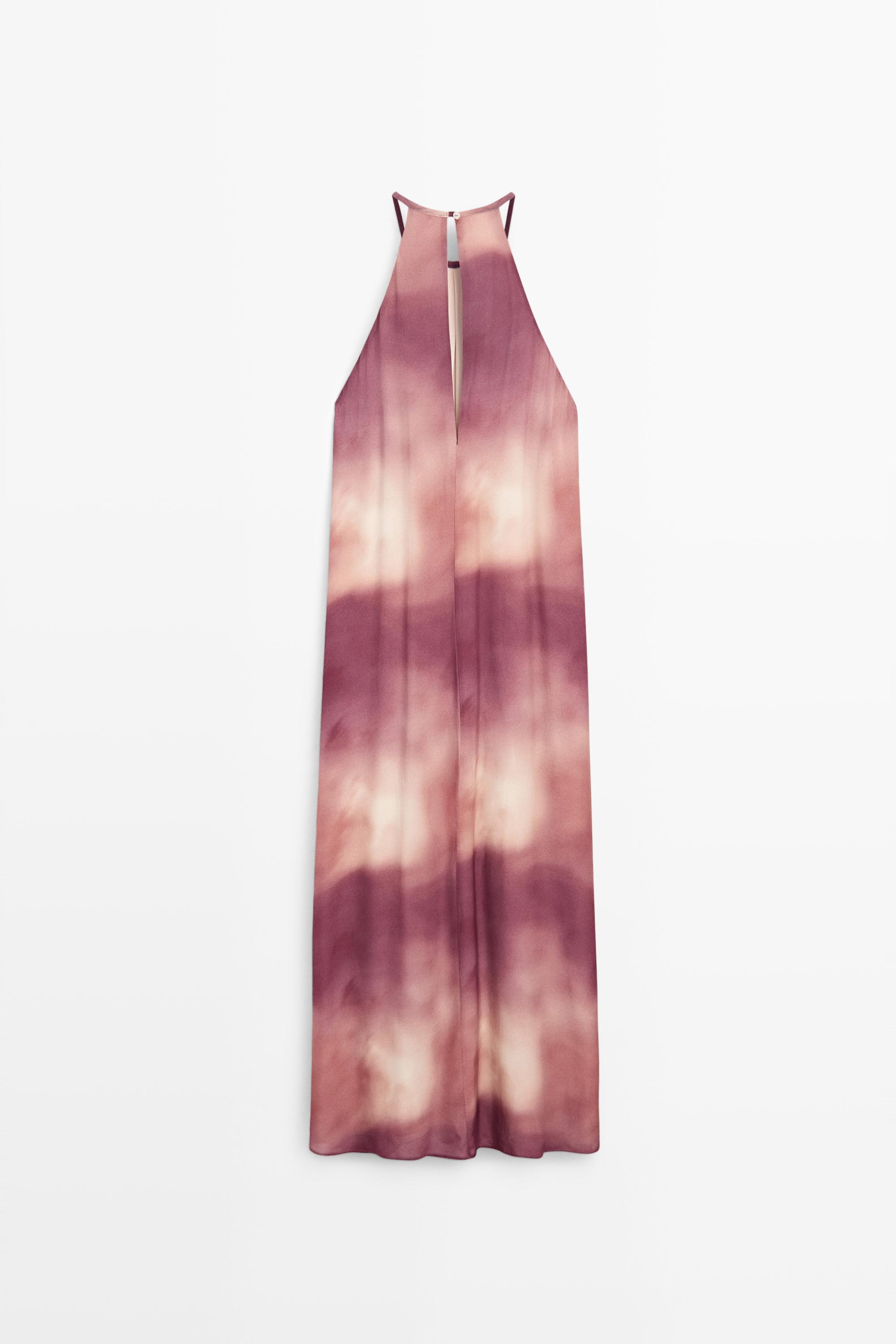 Printed tie-dye flowing halter maxi dress — PINK
