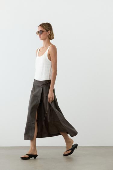 Nappa leather midi skirt with tie detail — BROWN 8