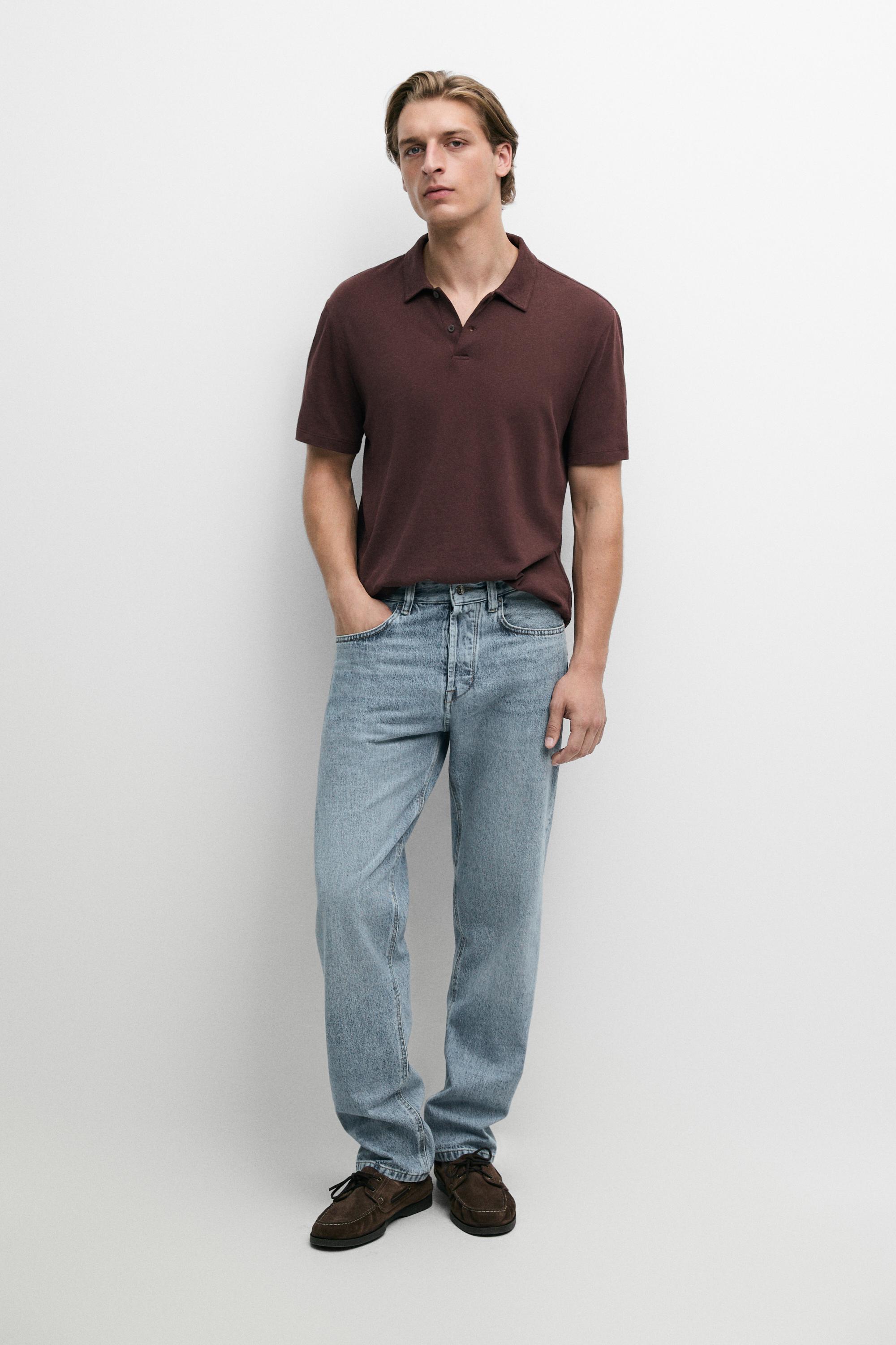 Linen and cotton short sleeve polo shirt — BURGUNDY