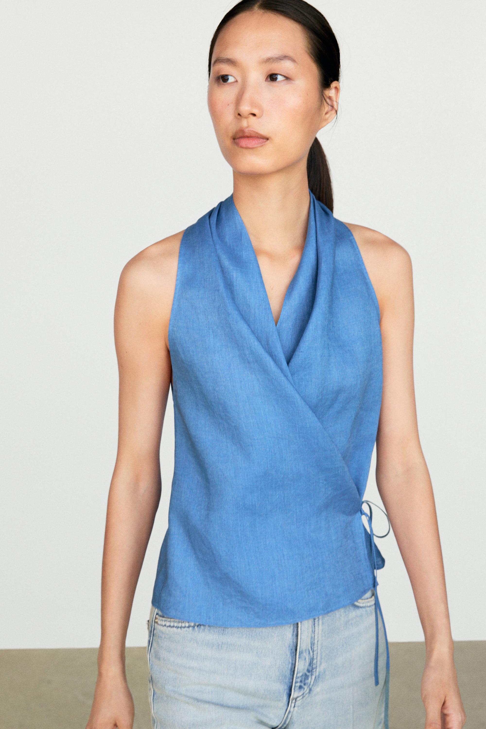 100% linen crossover halter top — Dark Blue