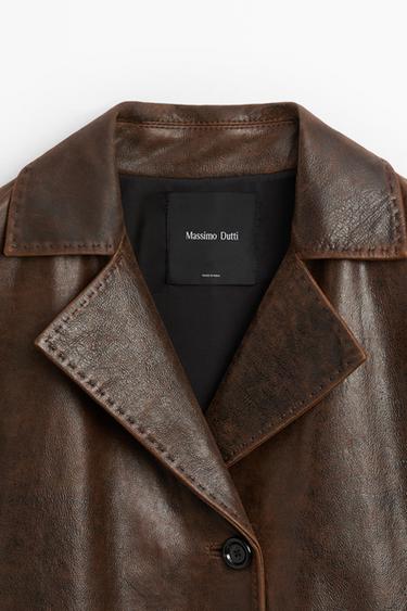 Distressed effect leather blazer — BROWN 9