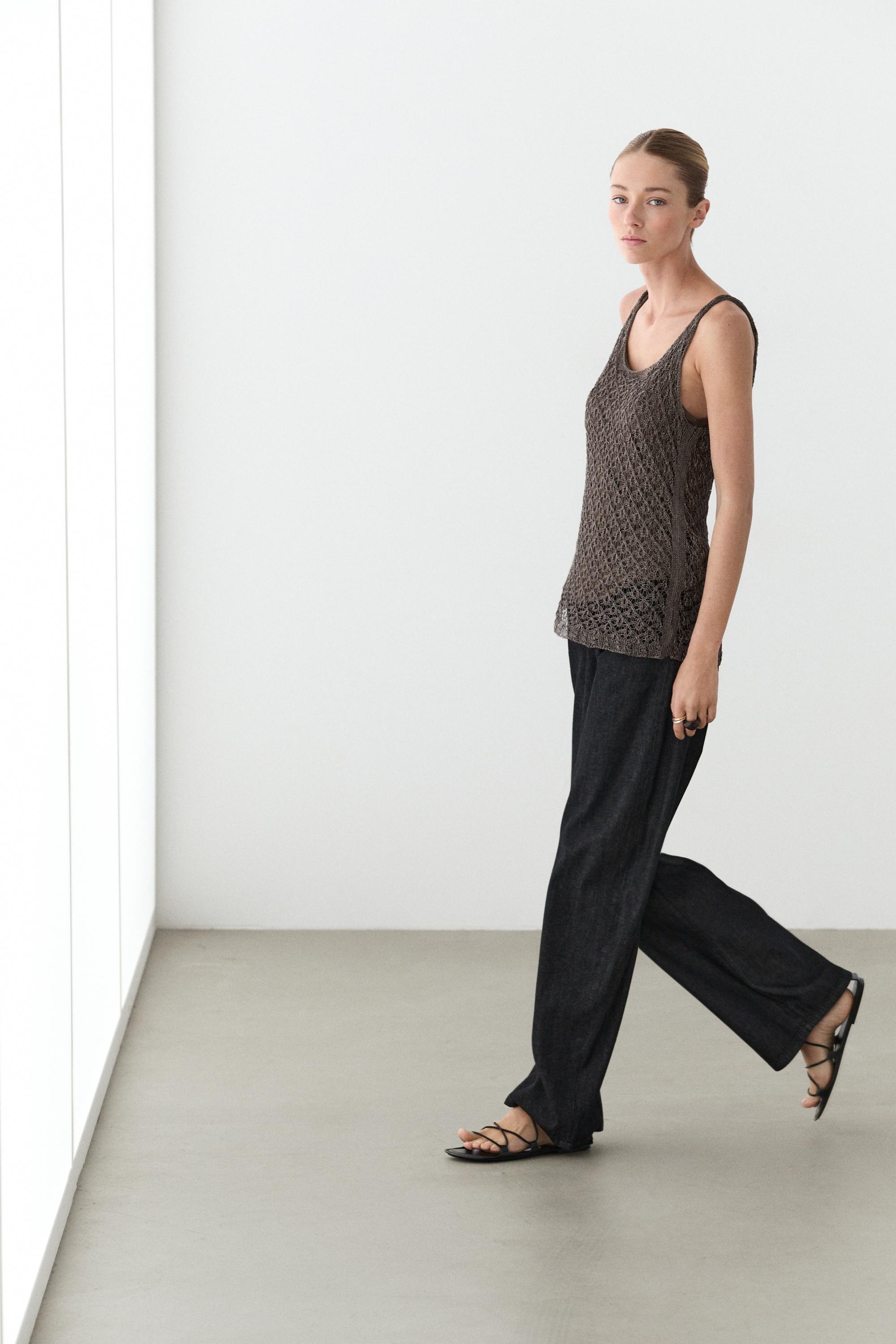 Strappy metallic mesh top — Khaki