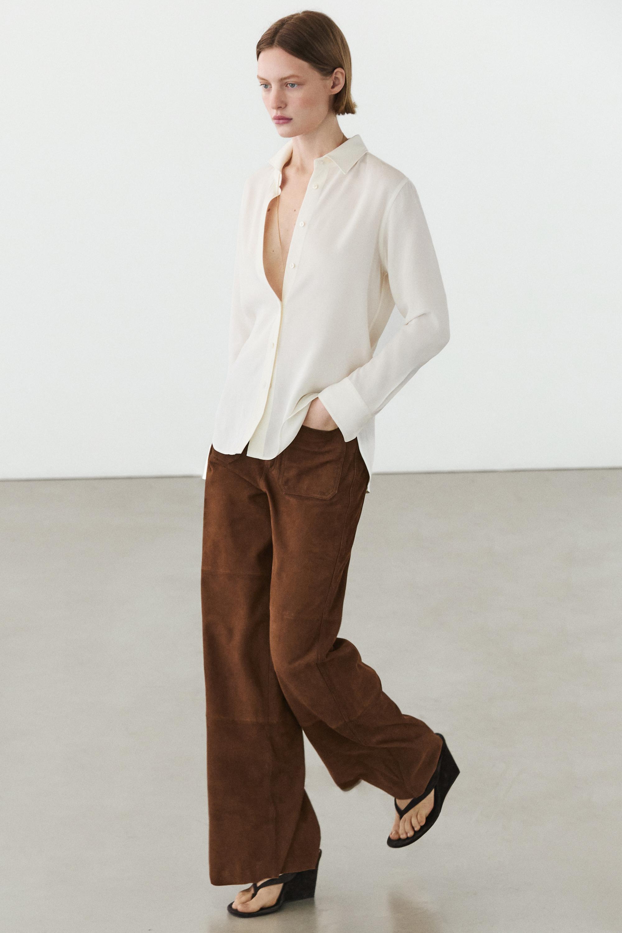 Suede leather wide-leg trousers with pockets — BROWN