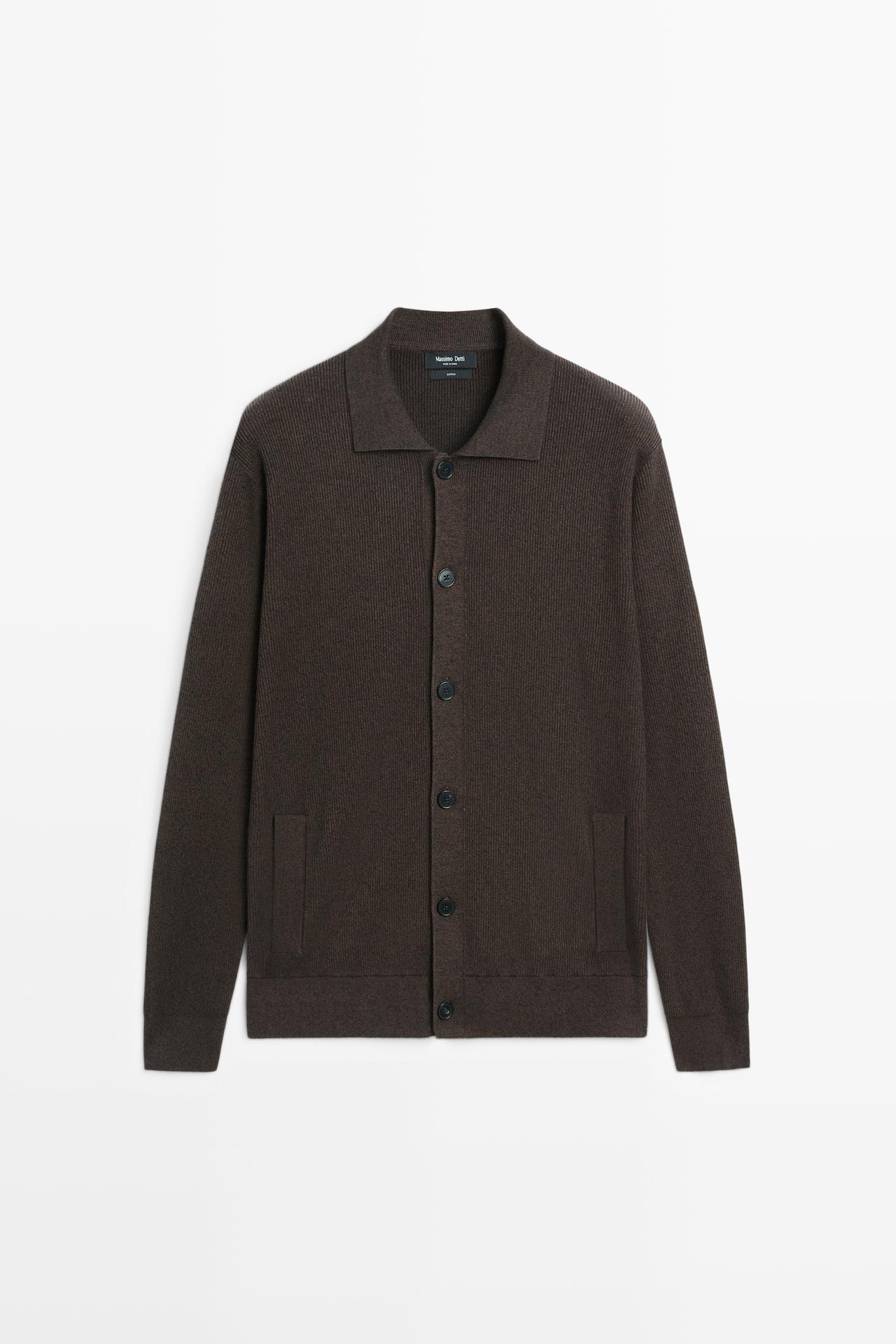 100% cotton polo collar knit cardigan — BROWN