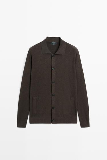 100% cotton polo collar knit cardigan — BROWN 2