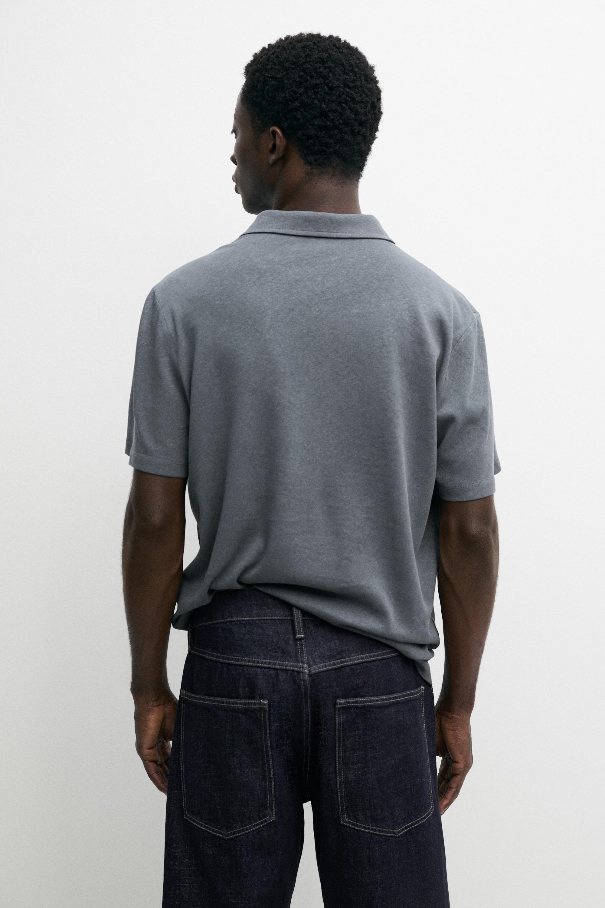 Linen and cotton short sleeve polo shirt — INDIGO
