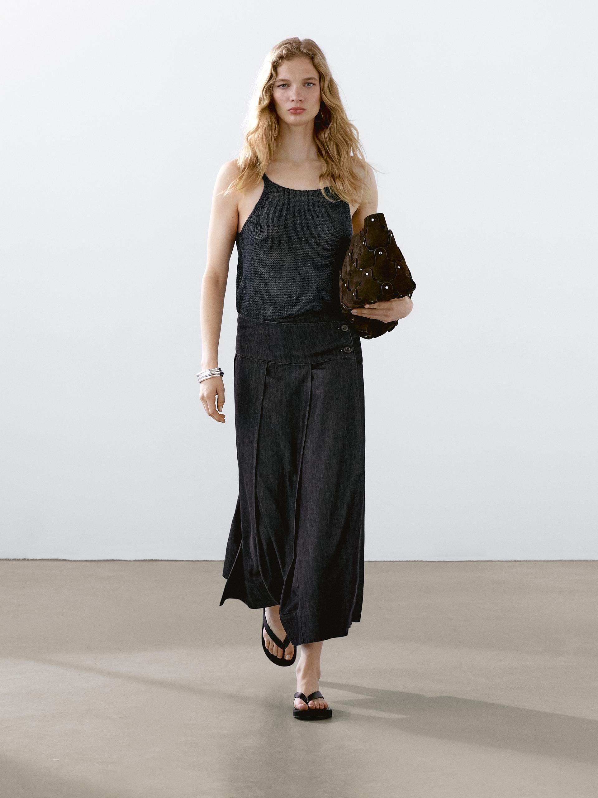 Gonna Midi In Denim E Cotone - Grigio Scuro - S - Massimo Dutti - Femminile